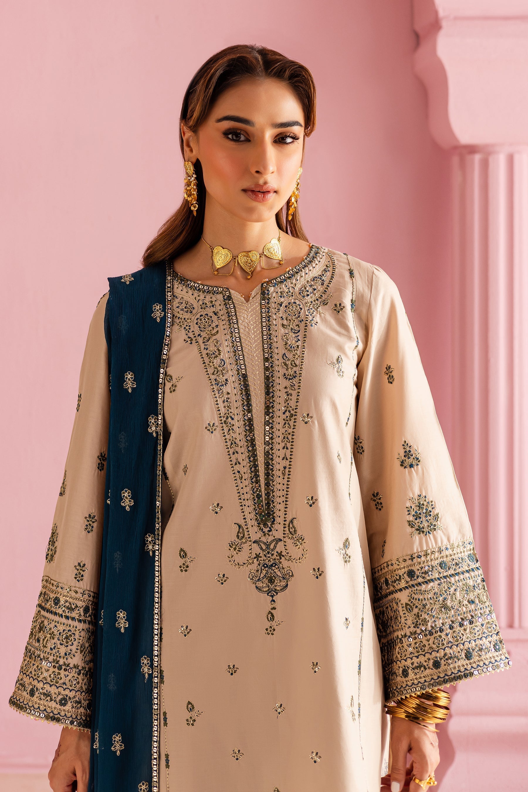 BATIK-3PC DHANAK EMBROIDERED SHIRT WITH DHANAK EMBROIDERED SHAWL & EMB TROUSER-BIC-4162