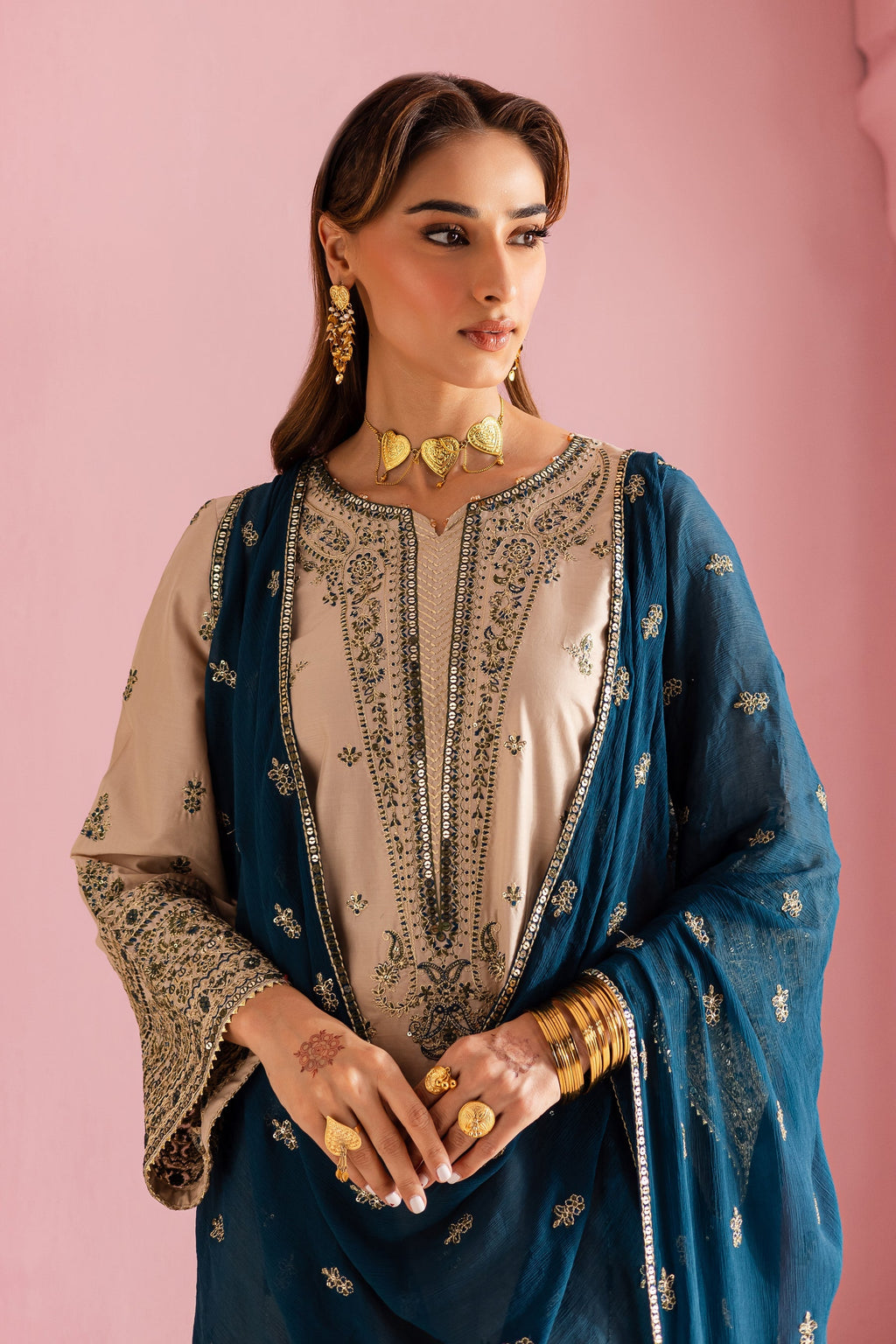 BATIK-3PC DHANAK EMBROIDERED SHIRT WITH DHANAK EMBROIDERED SHAWL & EMB TROUSER-BIC-4162