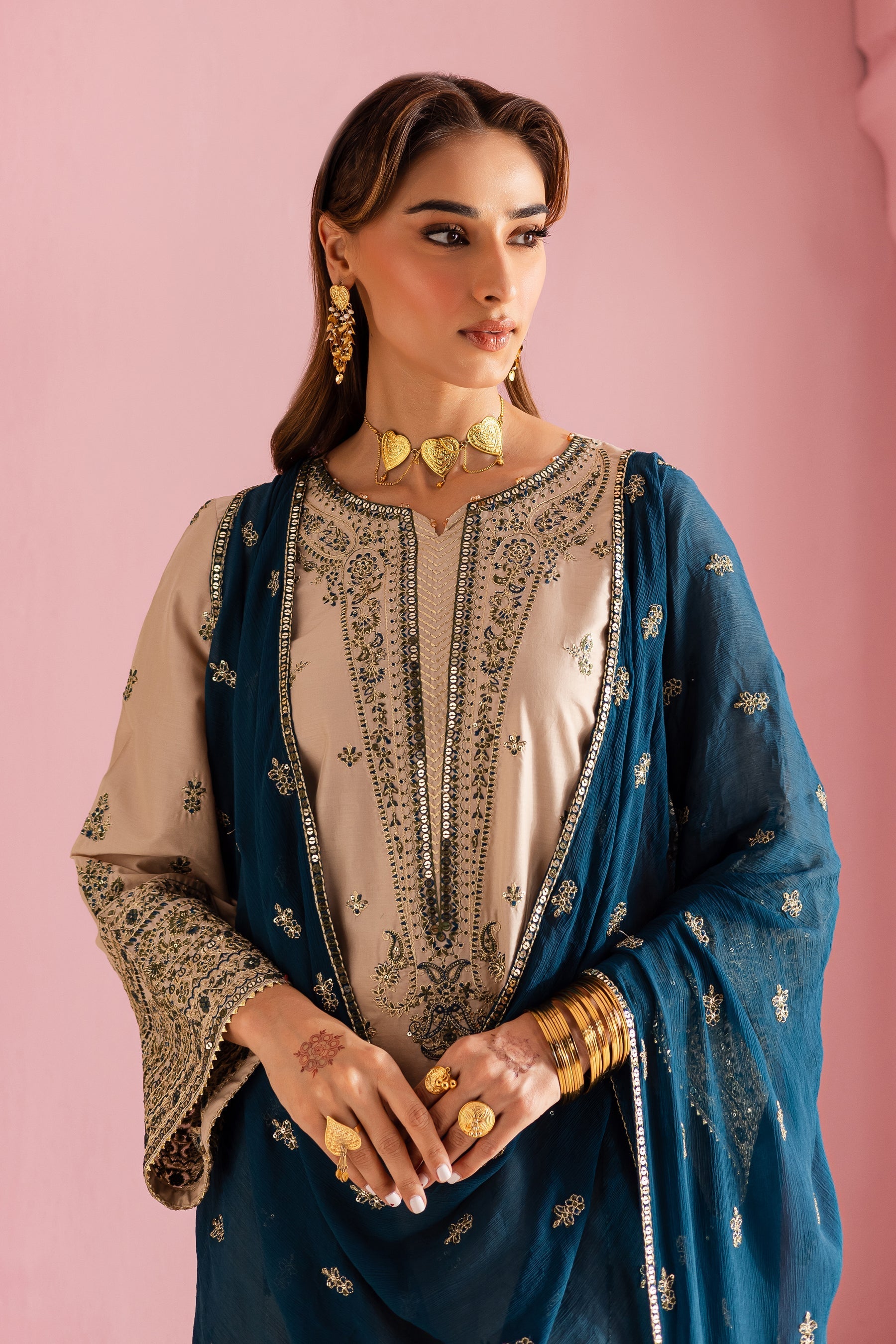 BATIK-3PC DHANAK EMBROIDERED SHIRT WITH DHANAK EMBROIDERED SHAWL & EMB TROUSER-BIC-4162