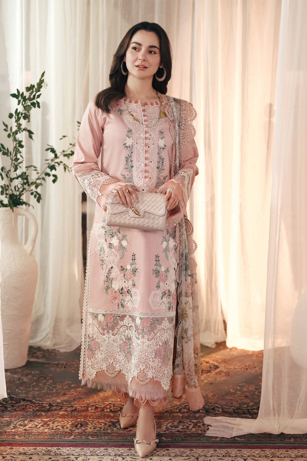 JADE-3PC DHANAK EMBROIDERED SHIRT WITH COUTRAI PRINTED SHAWL AND TROUSER-BIC-4036