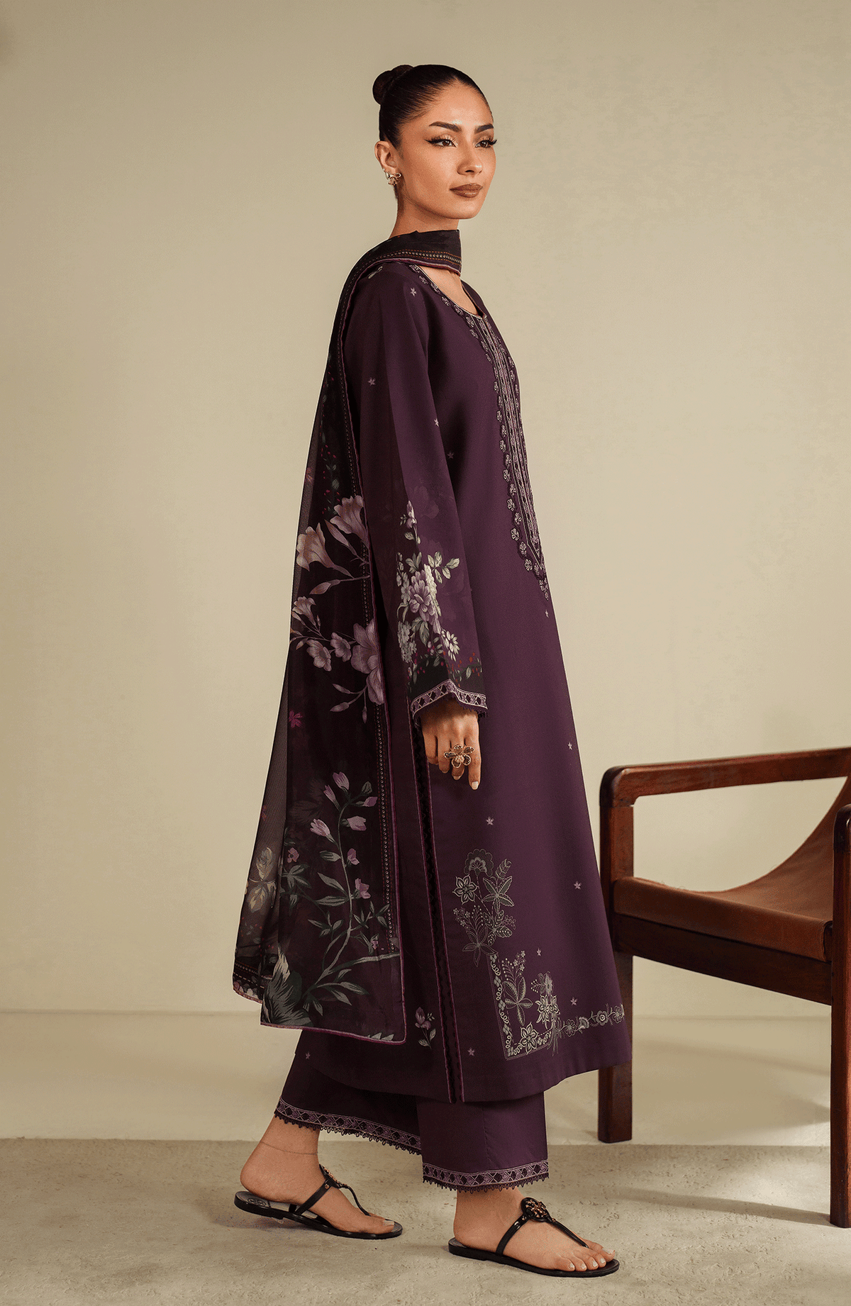 SERAN-3PC DHANAK EMBROIDERED SHIRT WITH COURTRAI PRINTED SHAWL & TROUSER-BIC-4317