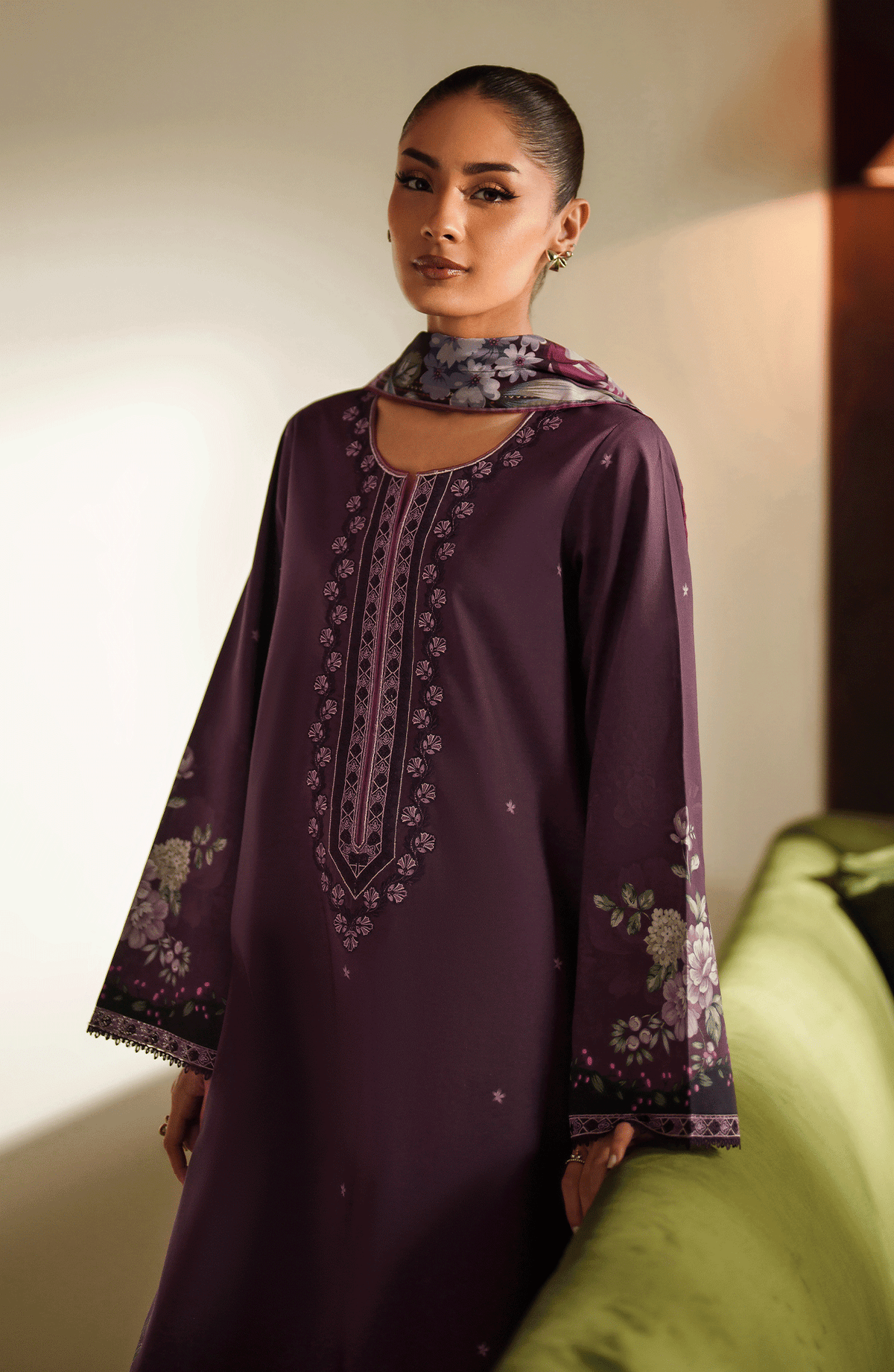 SERAN-3PC DHANAK EMBROIDERED SHIRT WITH COURTRAI PRINTED SHAWL & TROUSER-BIC-4317