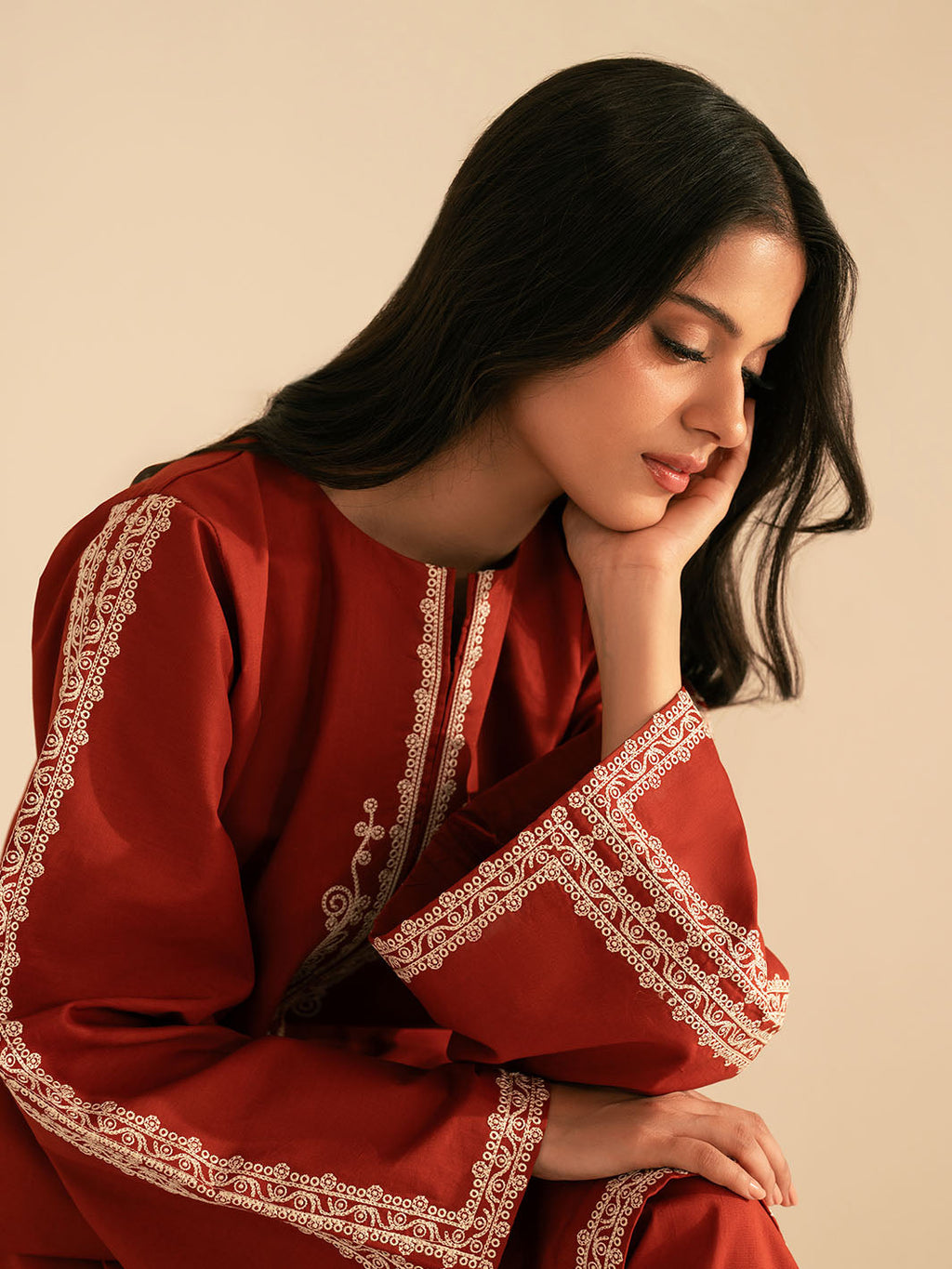 BATIK-2PC DHANAK EMBROIDRED SHIRT WITH DHANAK EMBROIDRED SLEEVES-BIC-121