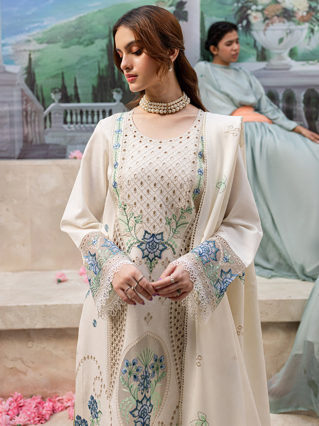 MAHNUR-3PC DHANAK LASER CUT EMB SHIRT WITH DHANAK LASERCUT EMB DUPATTA & TROUSER-BIC-4103