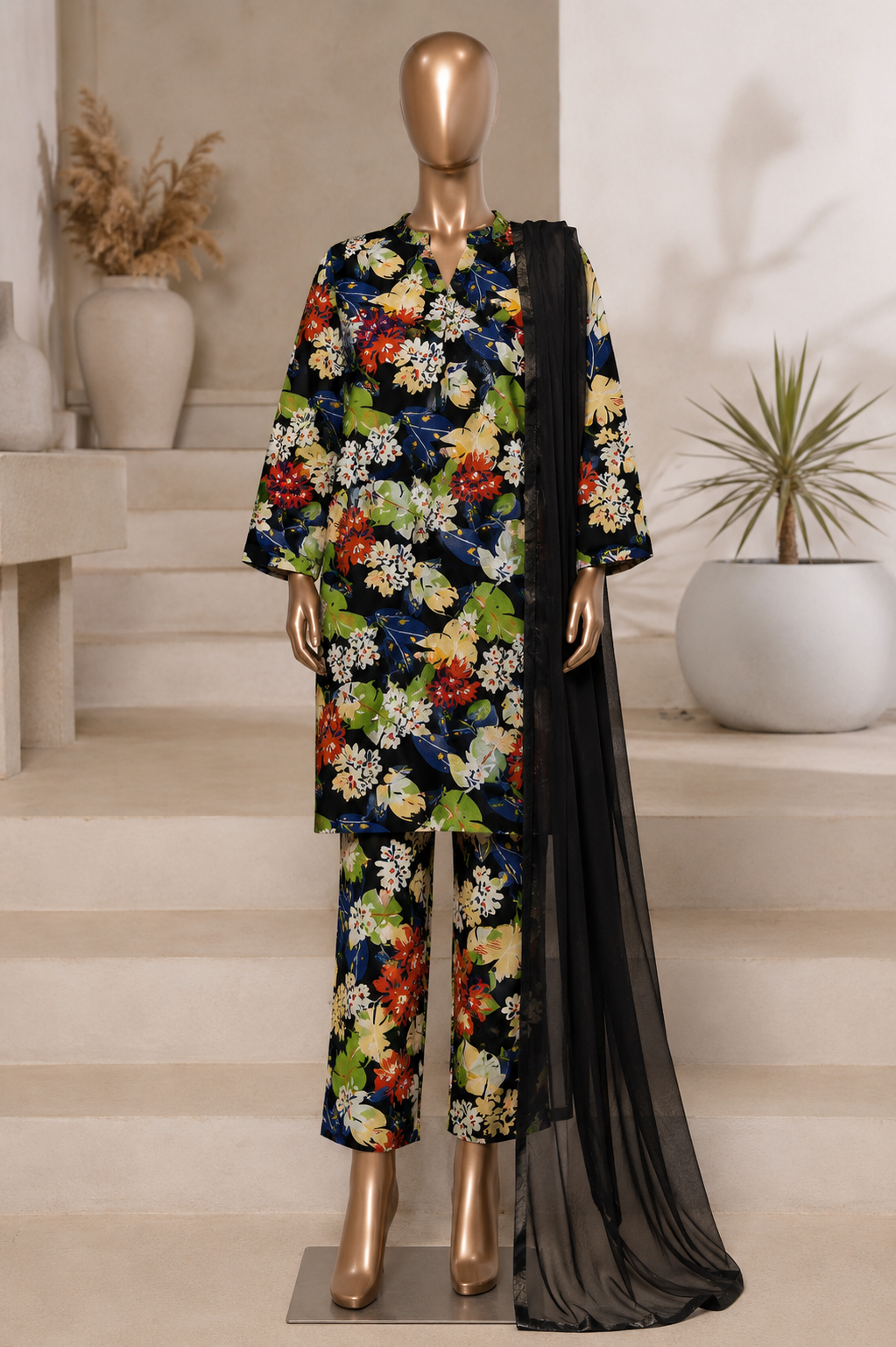 Black Printed 2piece printed Lawn - Printed Shirt and Trouser