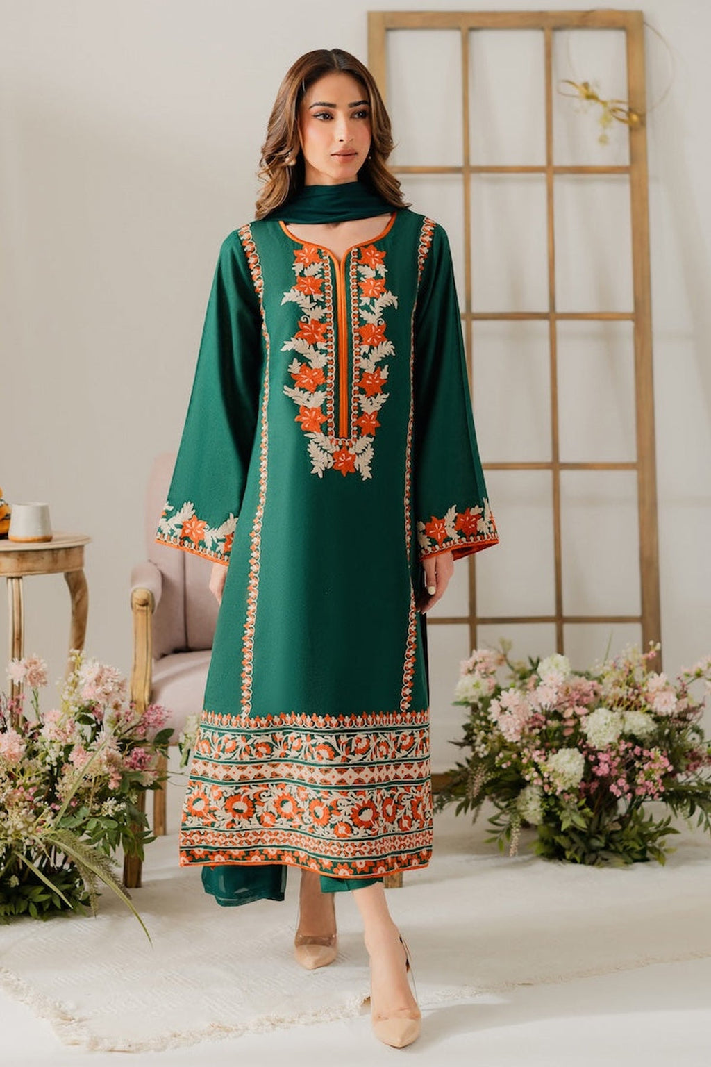 VINTAGE-3PC DHANAK EMBROIDERED SHIRT WITH BAMBER CHIFFON DUPATTA & TROUSER-BIC-4248