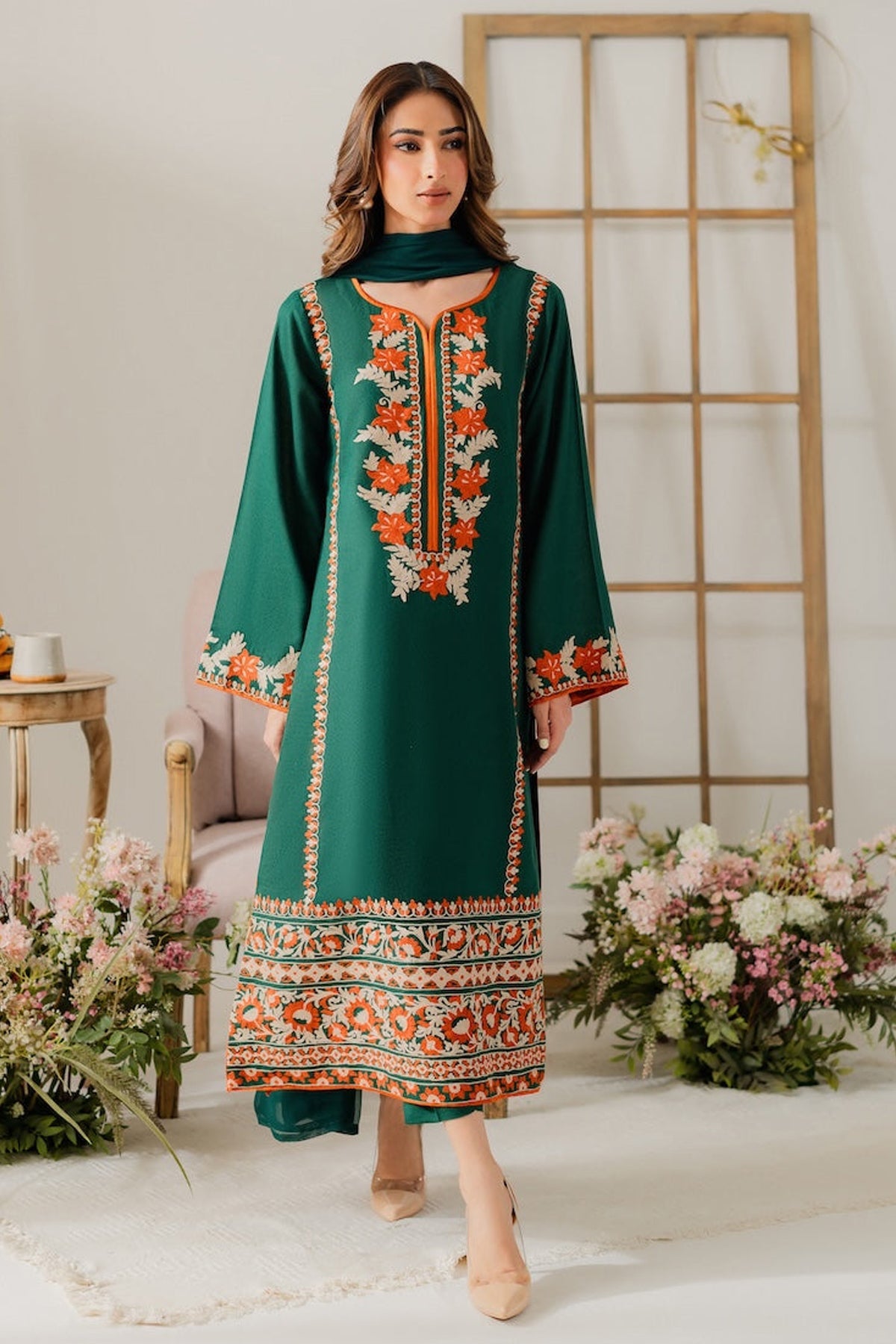 VINTAGE-3PC DHANAK EMBROIDERED SHIRT WITH BAMBER CHIFFON DUPATTA & TROUSER-BIC-4248