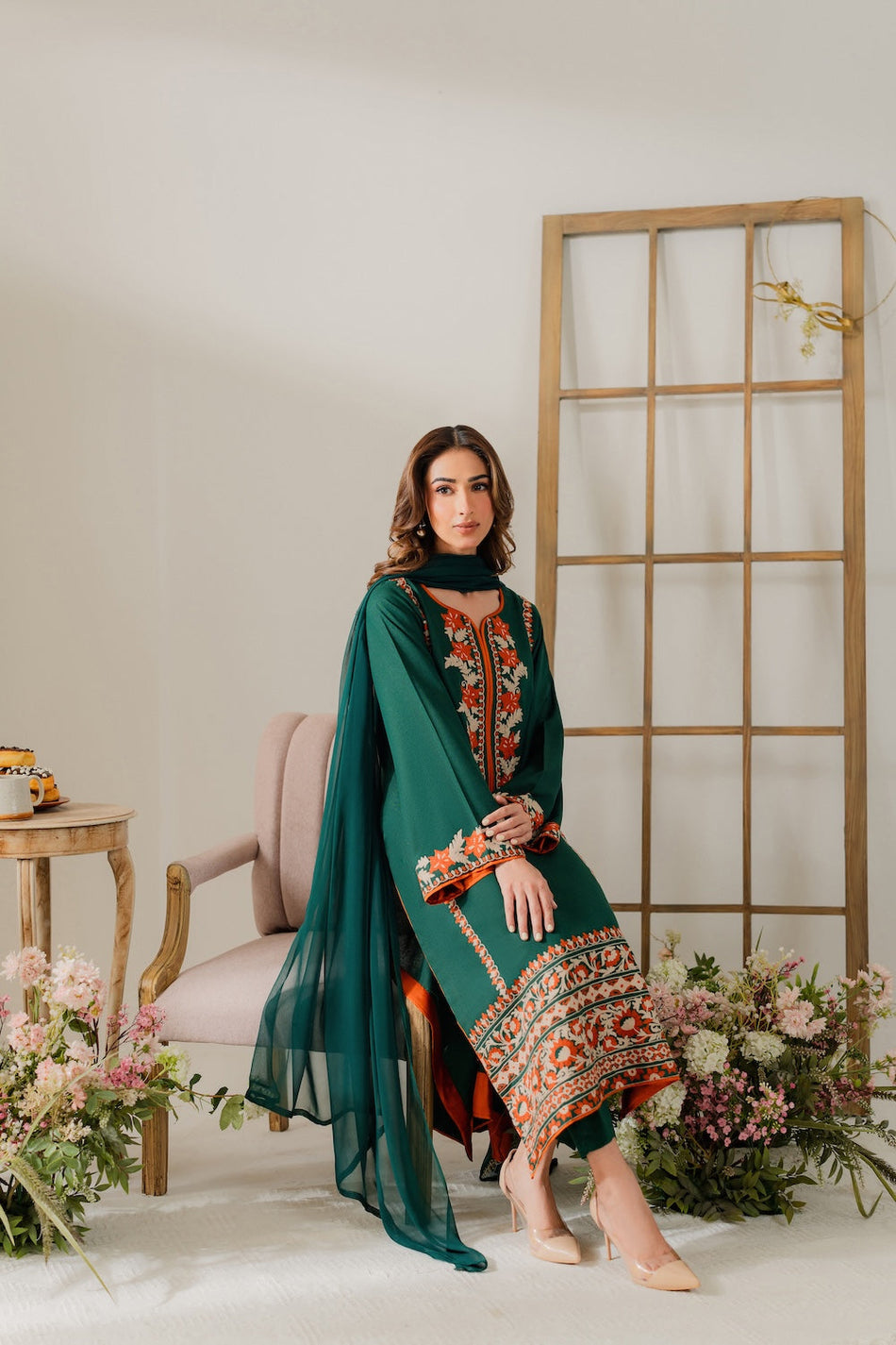 VINTAGE-3PC DHANAK EMBROIDERED SHIRT WITH BAMBER CHIFFON DUPATTA & TROUSER-BIC-4248