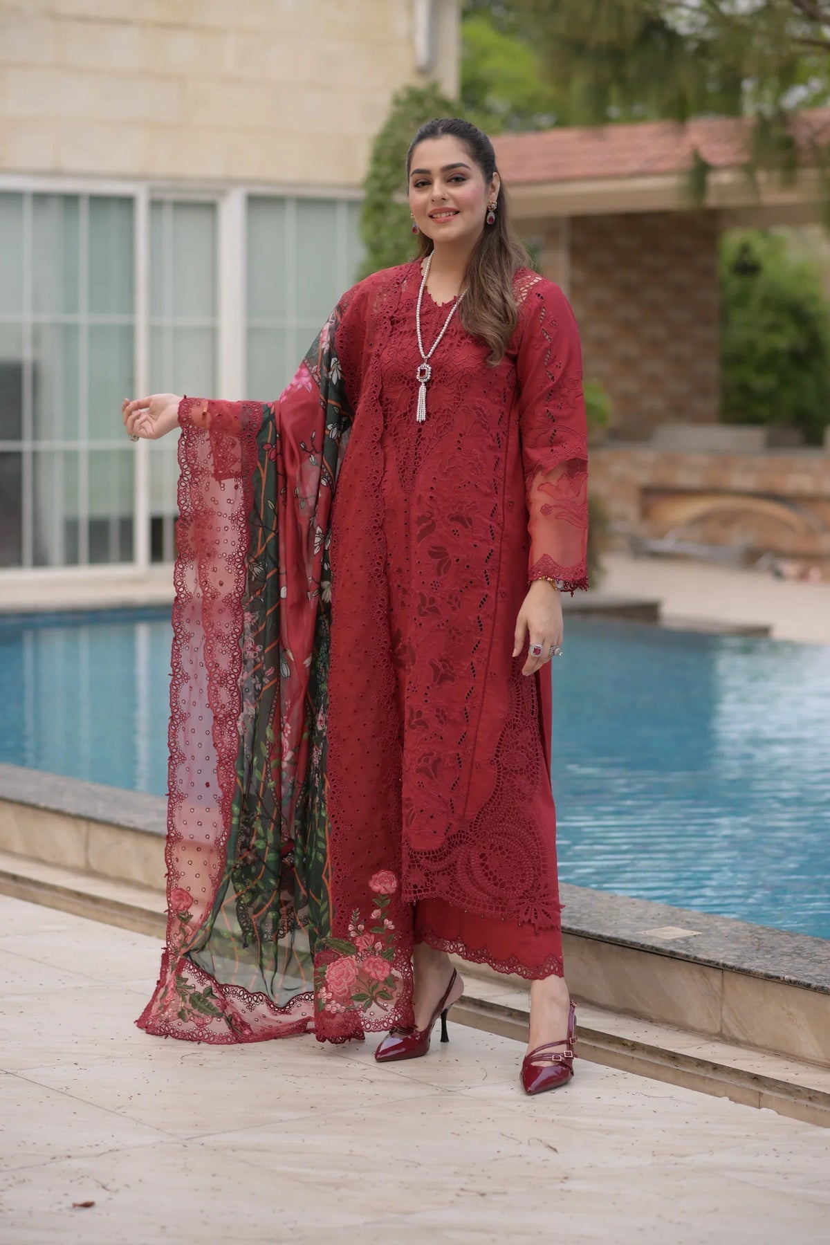 ANEELAS-3PC LAWN CHIKAN EMBROIDERED SHIRT WITH CHIFFON PRINTED EMB DUPATTA AND TROUSER-SZ-4875