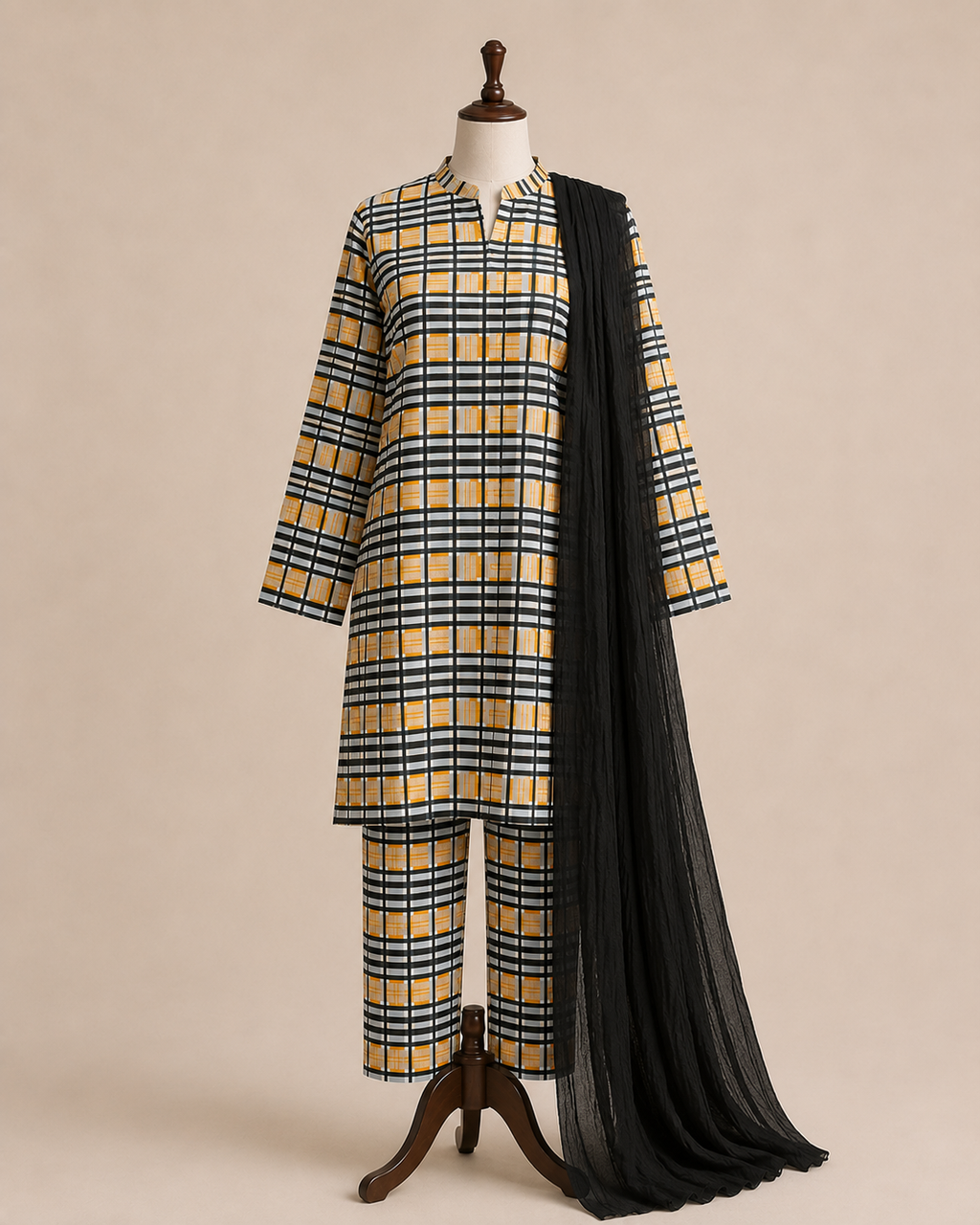 Golden Checks – 2 Piece Unstitched Printed Lawn Suit (4 Yards length : 57 inches width)