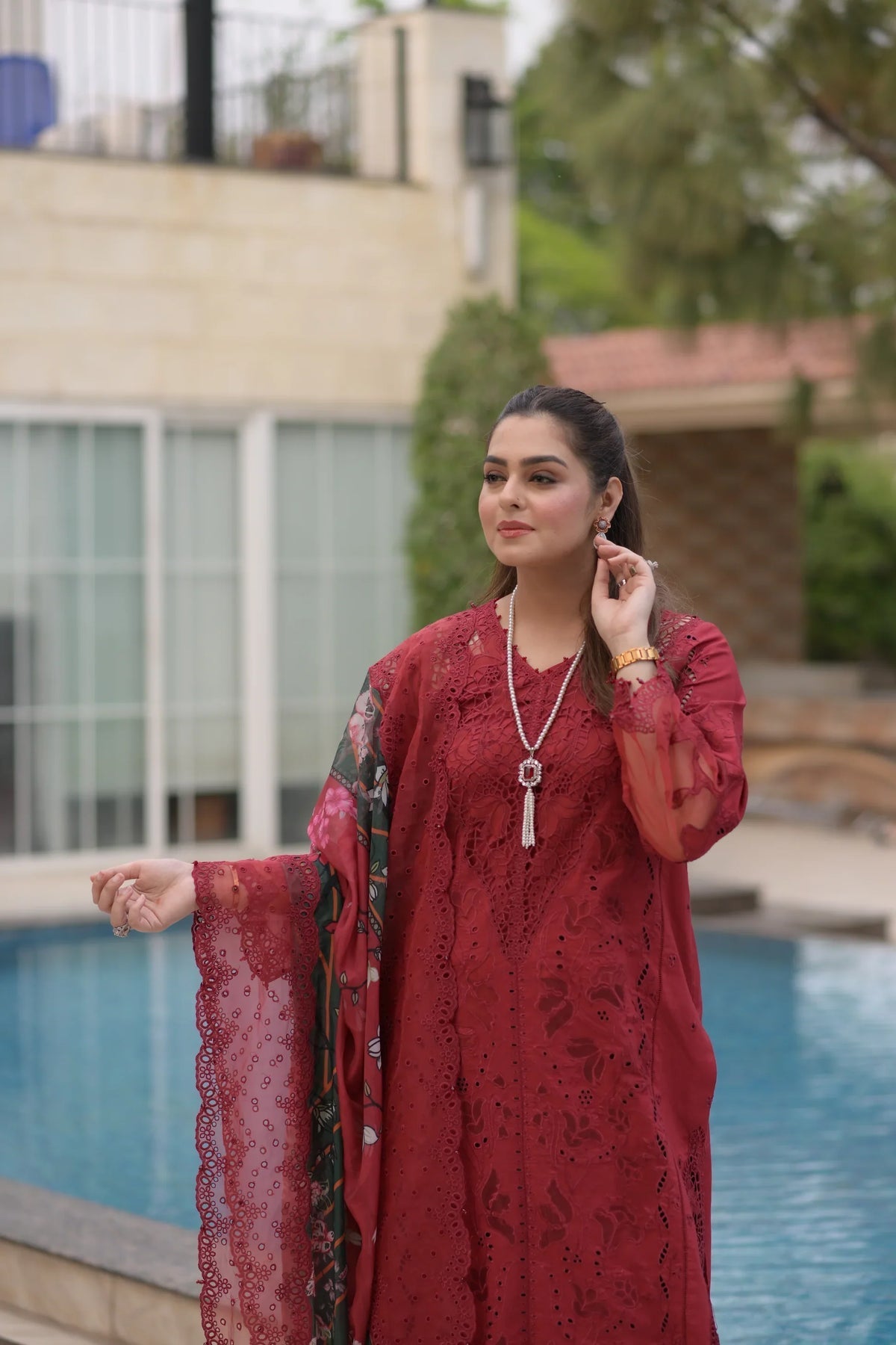 ANEELAS-3PC LAWN CHIKAN EMBROIDERED SHIRT WITH CHIFFON PRINTED EMB DUPATTA AND TROUSER-SZ-4875