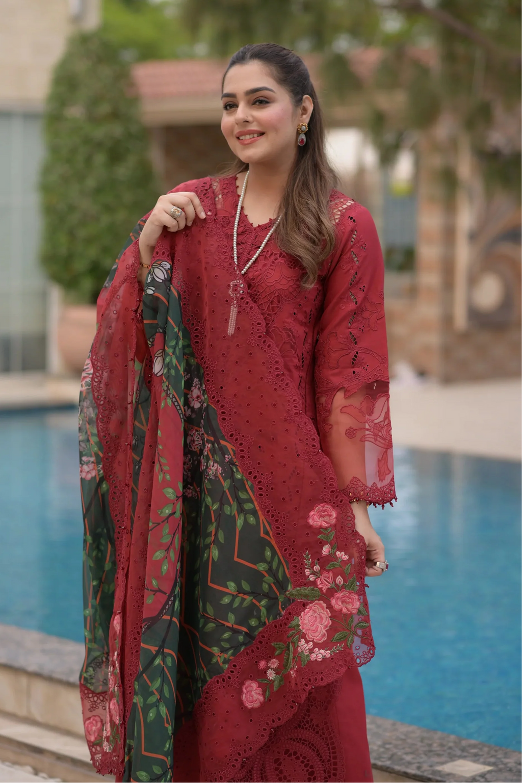 ANEELAS-3PC LAWN CHIKAN EMBROIDERED SHIRT WITH CHIFFON PRINTED EMB DUPATTA AND TROUSER-SZ-4875