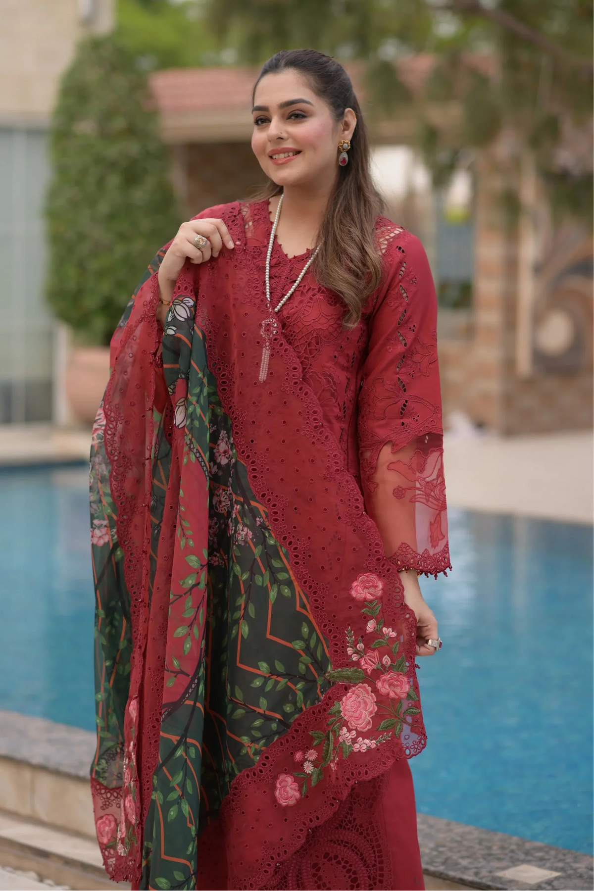 ANEELAS-3PC LAWN CHIKAN EMBROIDERED SHIRT WITH CHIFFON PRINTED EMB DUPATTA AND TROUSER-SZ-4875