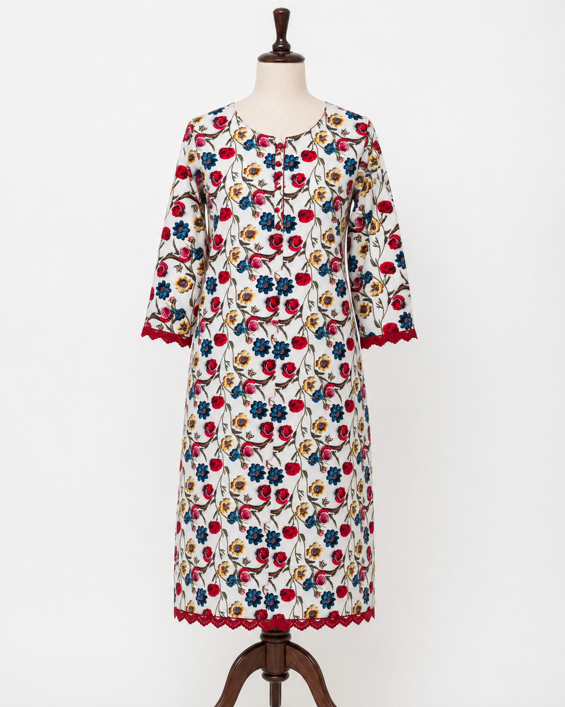 Embroidered Bloom Long Shirt – White Floral Linen - Full suit
