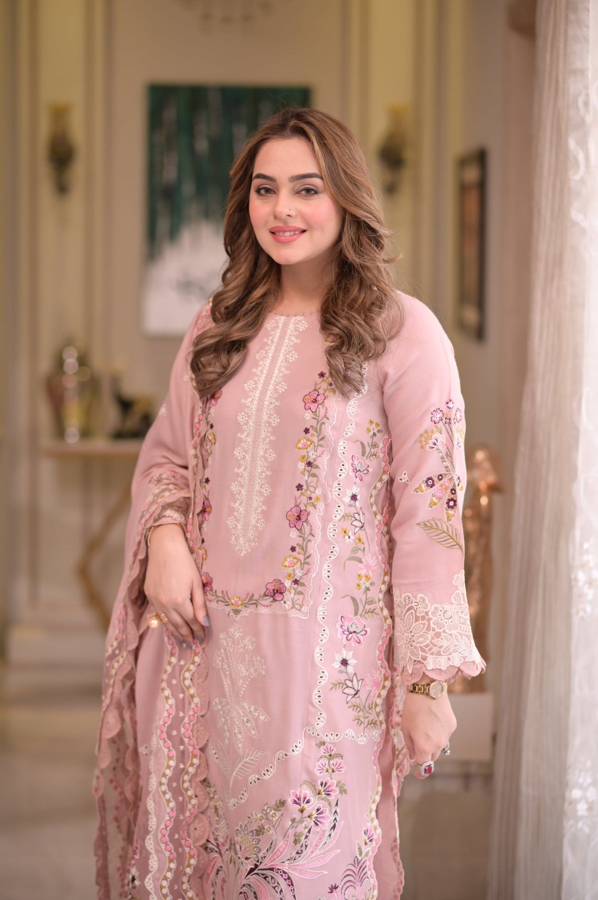 ANEELAS-3PC LAWN CHIKAN EMBROIDERED SHIRT WITH LAWN EMB DUPATTA AND TROUSER-SZ-4667