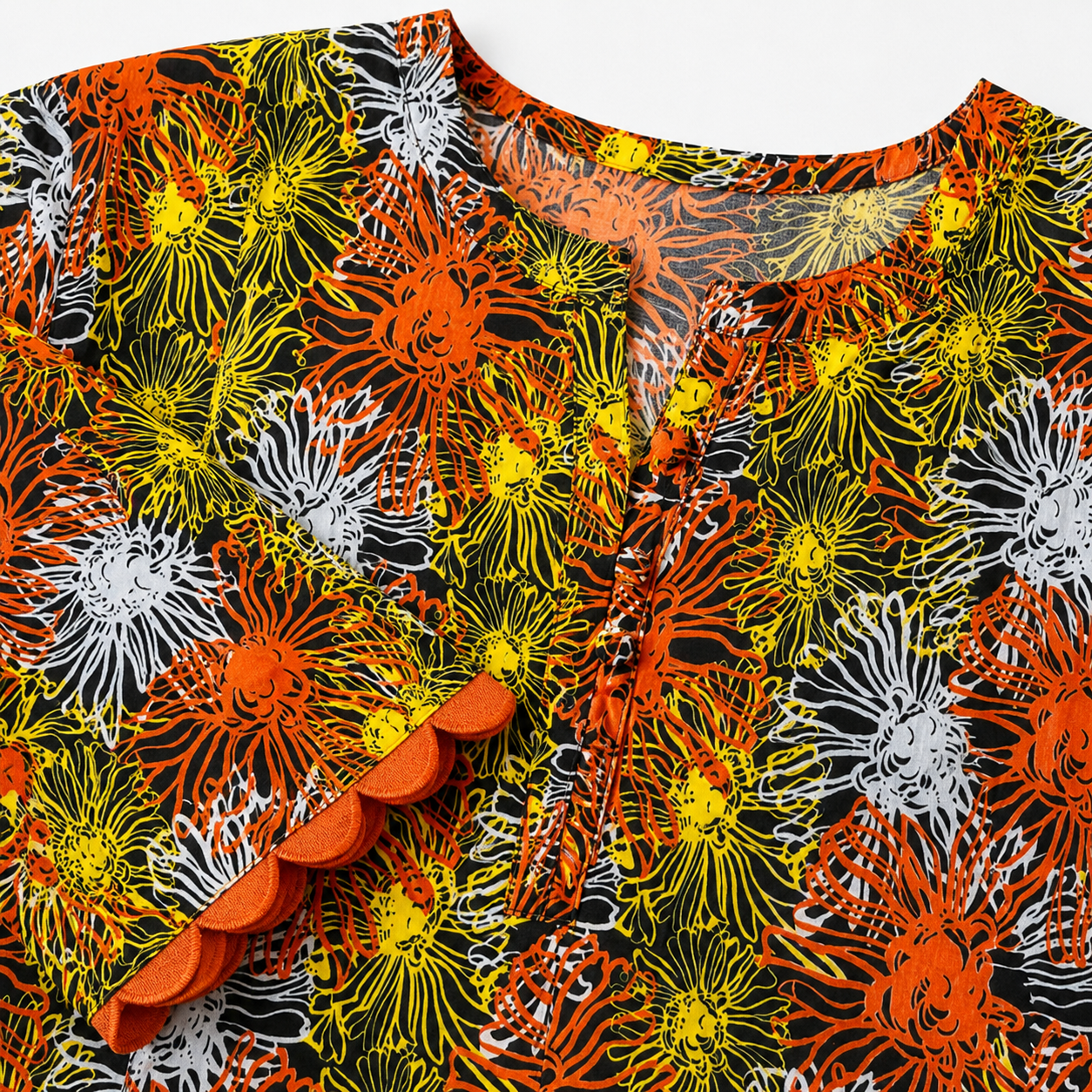 Black, Orange & Yellow Floral Printed Linen Fabric – 3.25 Yards Unstitched