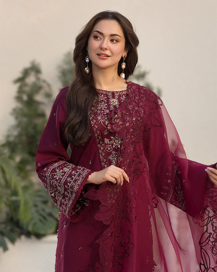 QALAMQAR-3PC LAWN EMBROIDERED SHIRT WITH ORGANZA EMBROIDERED DUPATTA AND EMB TROUSER-SZ-4532