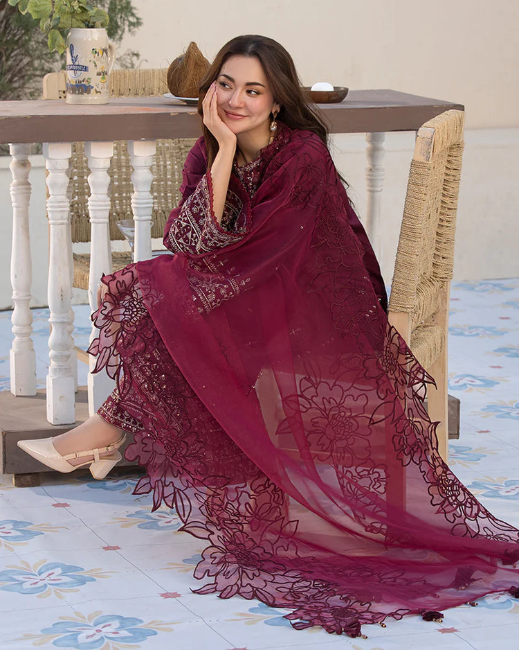 QALAMQAR-3PC LAWN EMBROIDERED SHIRT WITH ORGANZA EMBROIDERED DUPATTA AND EMB TROUSER-SZ-4532