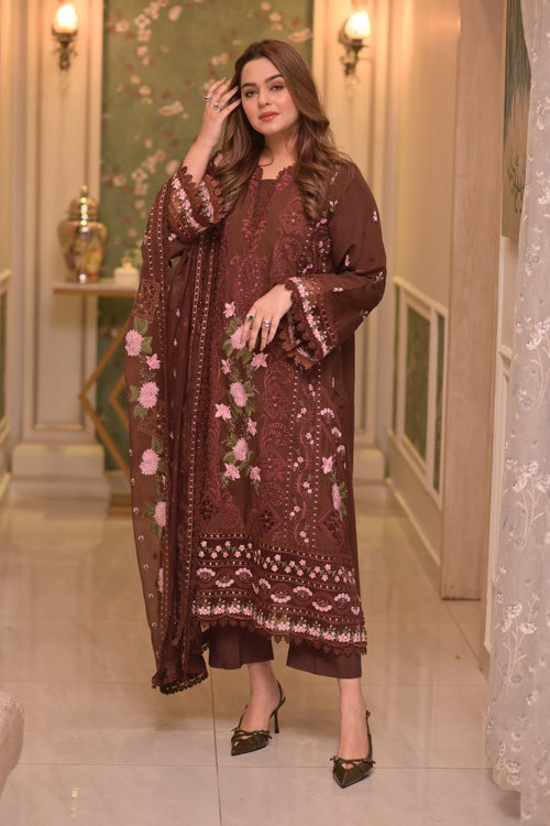 ANEELAS-3PC LAWN CHIKAN EMBROIDERED SHIRT WITH LAWN EMB DUPATTA AND TROUSER-SZ-4809