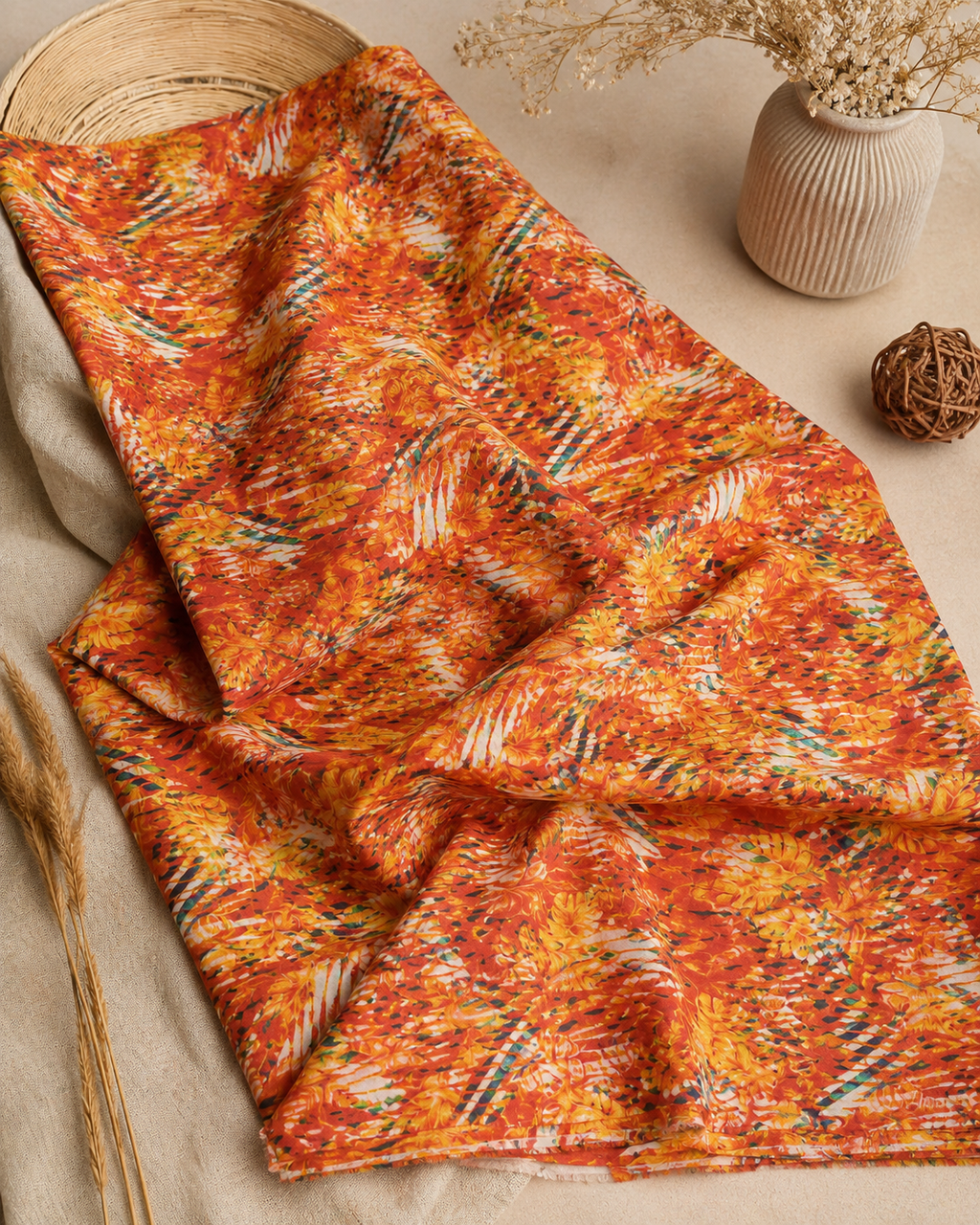 Orange Floral Printed Lawn – 2 Piece Unstitched Suit