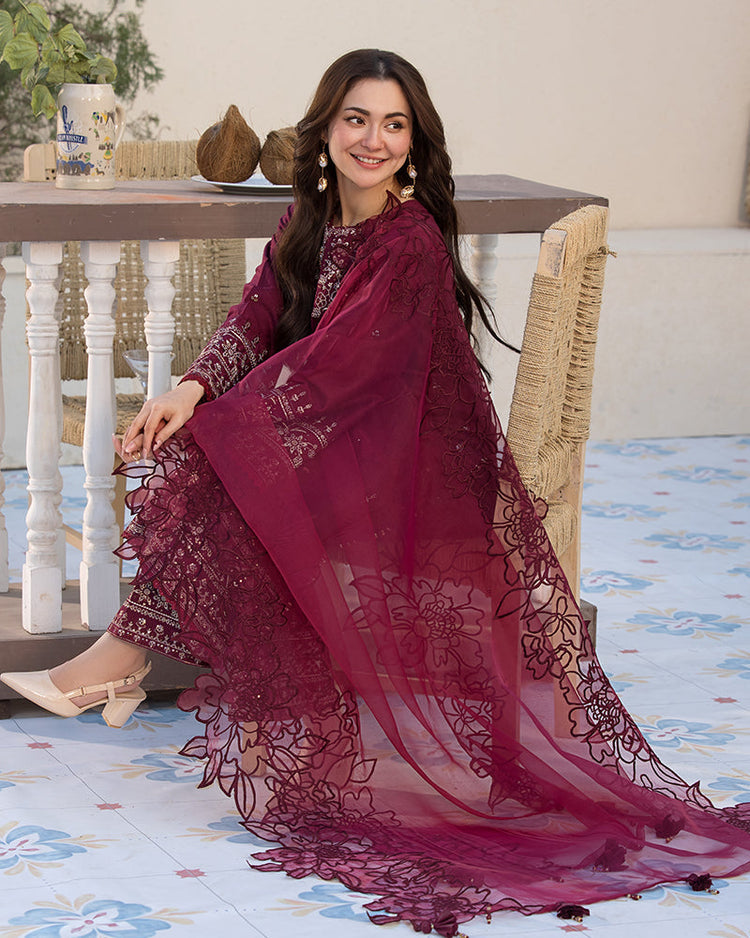 QALAMQAR-3PC LAWN EMBROIDERED SHIRT WITH ORGANZA EMBROIDERED DUPATTA AND EMB TROUSER-SZ-4532
