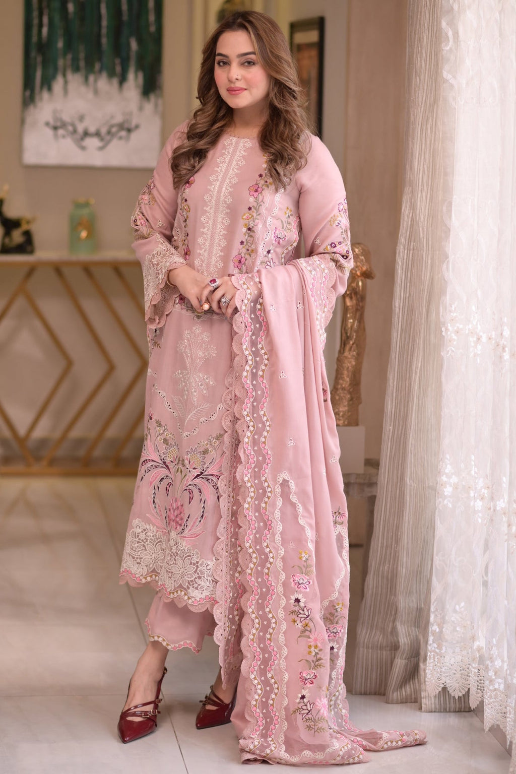 ANEELAS-3PC LAWN CHIKAN EMBROIDERED SHIRT WITH LAWN EMB DUPATTA AND TROUSER-SZ-4667
