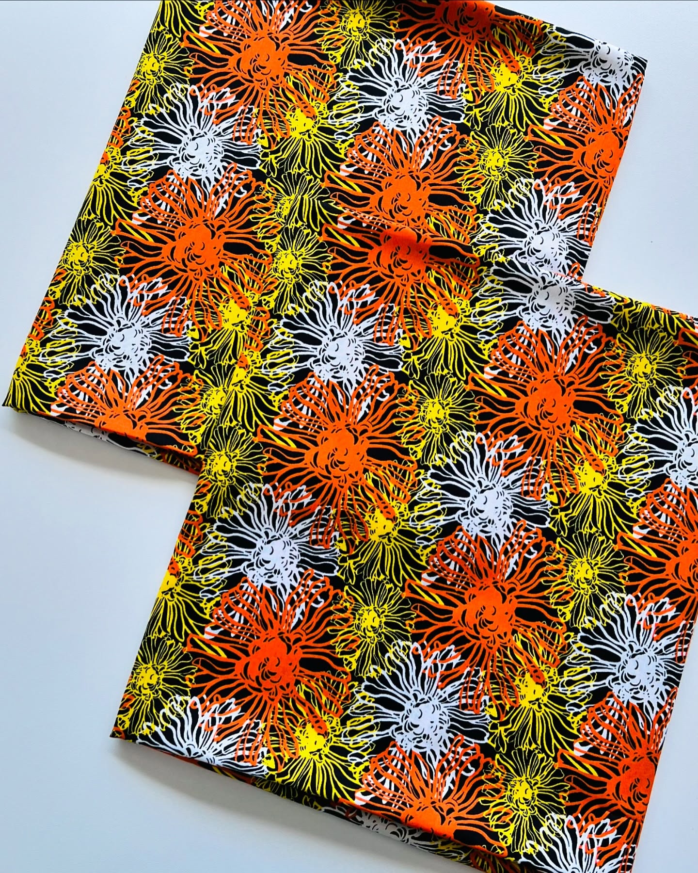 Black, Orange & Yellow Floral Printed Linen Fabric – 3.25 Yards Unstitched