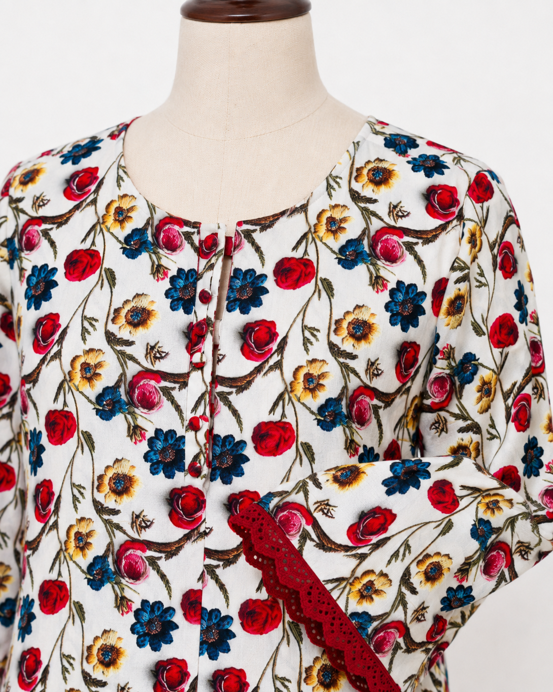 Embroidered Bloom Long Shirt – White Floral Linen - Full suit