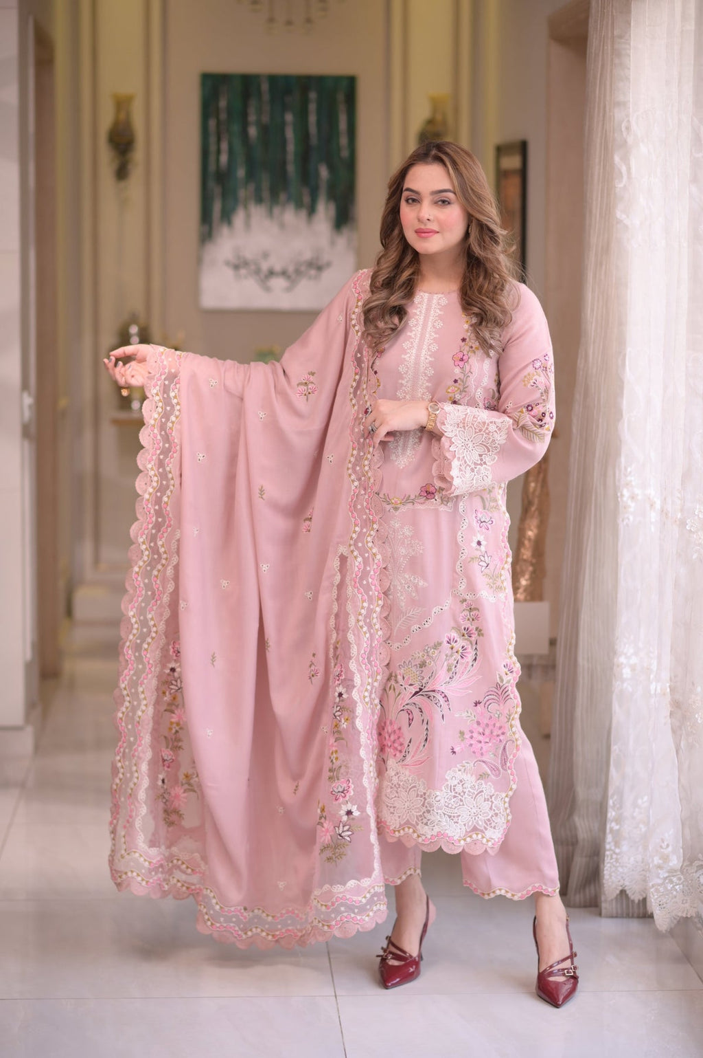ANEELAS-3PC LAWN CHIKAN EMBROIDERED SHIRT WITH LAWN EMB DUPATTA AND TROUSER-SZ-4667