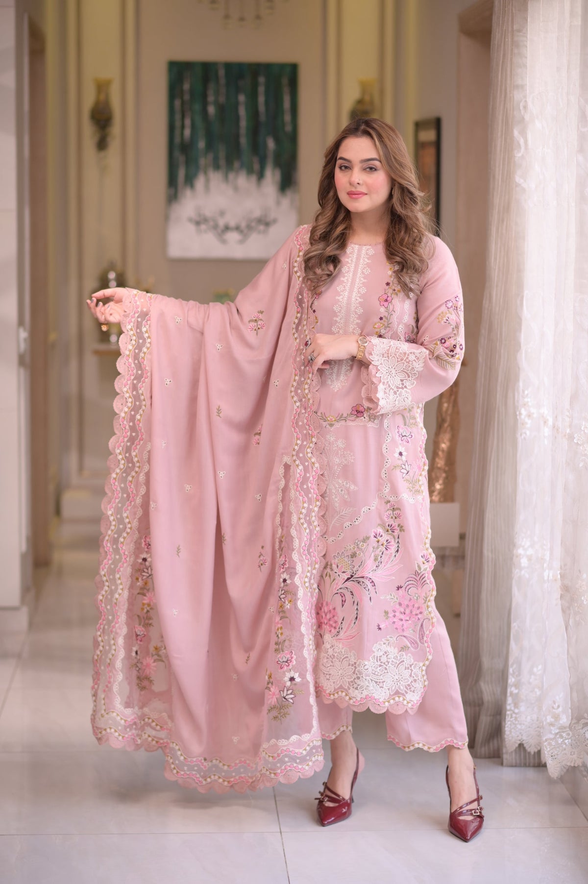 ANEELAS-3PC LAWN CHIKAN EMBROIDERED SHIRT WITH LAWN EMB DUPATTA AND TROUSER-SZ-4667