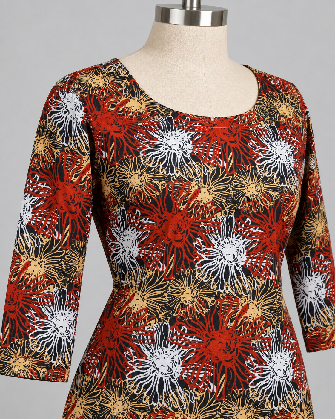 Black, Rust Red & Mustard Floral Printed Linen Fabric – 3.25 Yards Unstitched