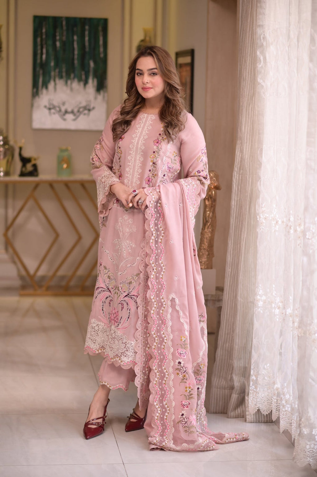 ANEELAS-3PC LAWN CHIKAN EMBROIDERED SHIRT WITH LAWN EMB DUPATTA AND TROUSER-SZ-4667