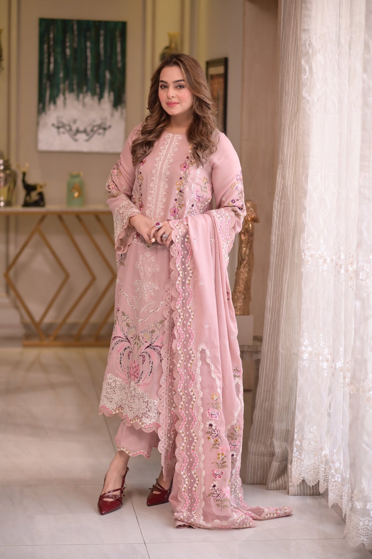 ANEELAS-3PC LAWN CHIKAN EMBROIDERED SHIRT WITH LAWN EMB DUPATTA AND TROUSER-SZ-4667