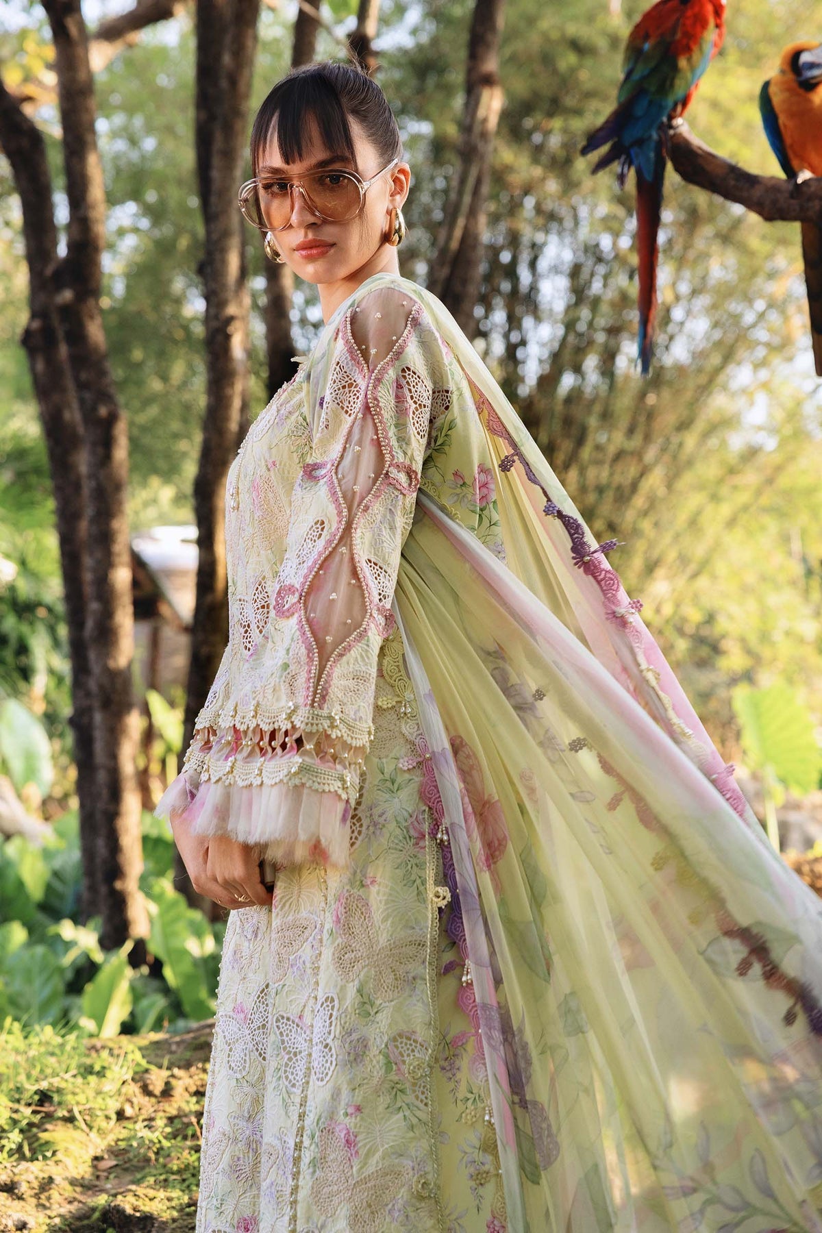 MARIA.B-3PC LAWN PRINTED CHIKAN EMB SHIRT WITH SILK PRINTED DUPATTA AND TROUSER-SZ-034