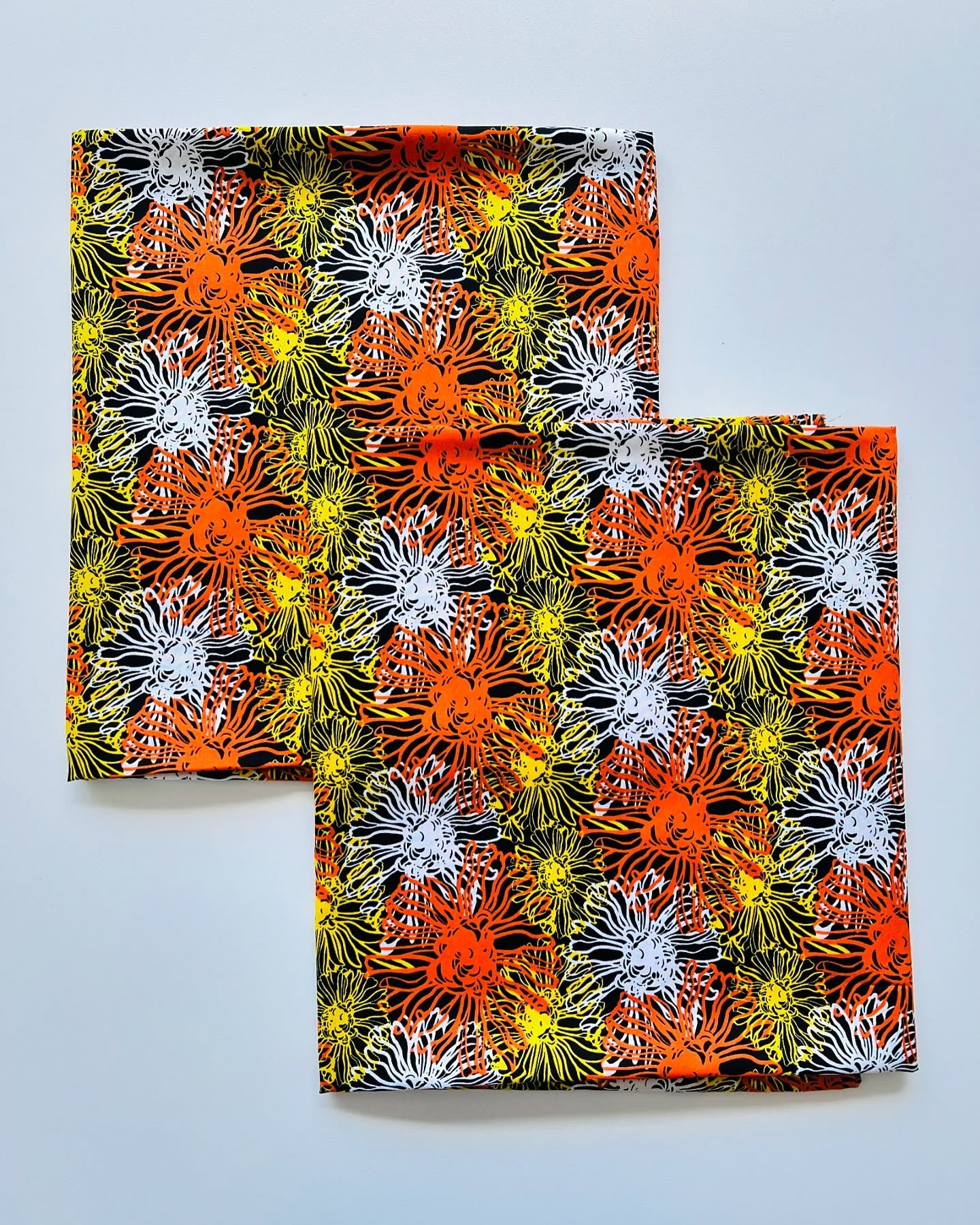 Black, Orange & Yellow Floral Printed Linen Fabric – 3.25 Yards Unstitched
