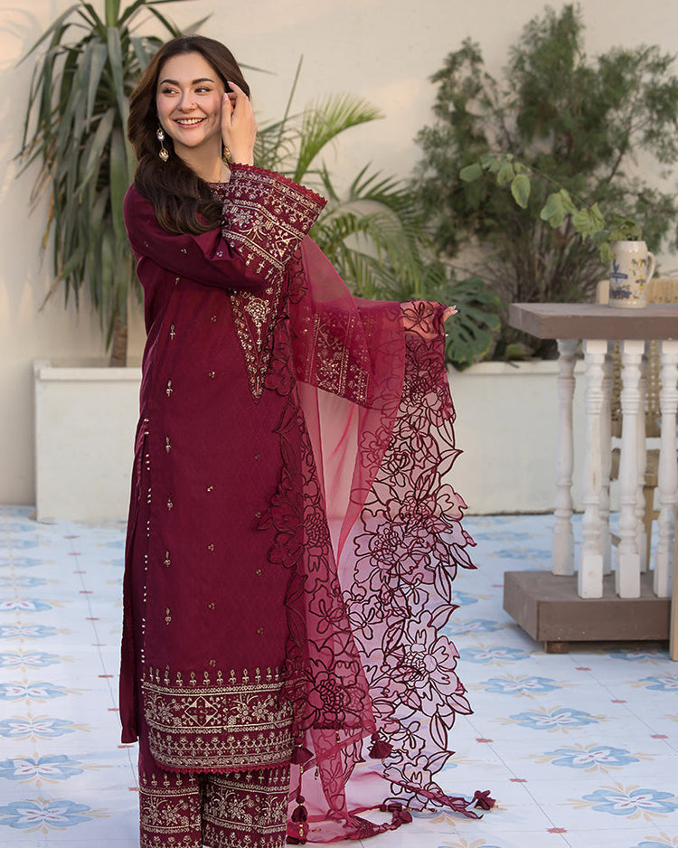 QALAMQAR-3PC LAWN EMBROIDERED SHIRT WITH ORGANZA EMBROIDERED DUPATTA AND EMB TROUSER-SZ-4532