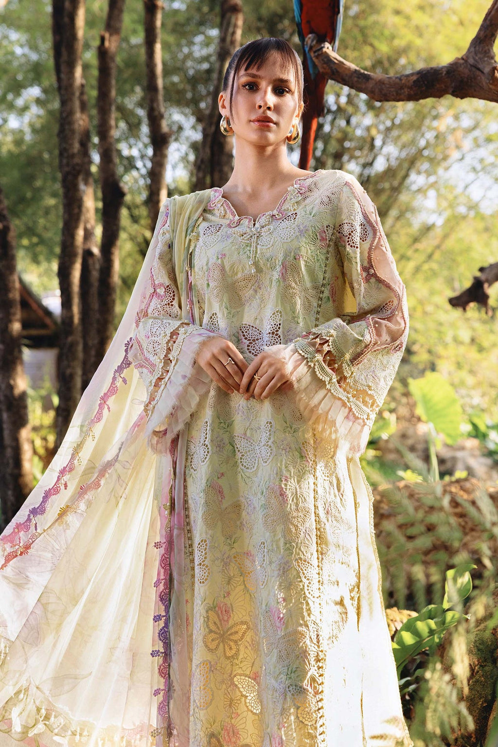 MARIA.B-3PC LAWN PRINTED CHIKAN EMB SHIRT WITH SILK PRINTED DUPATTA AND TROUSER-SZ-034