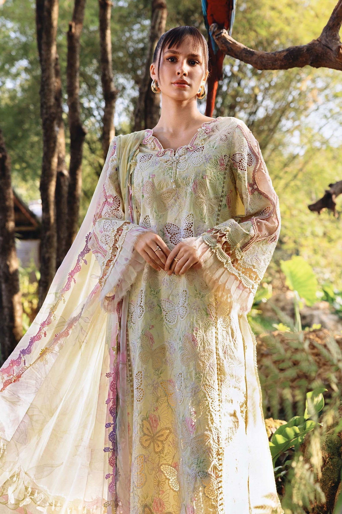 MARIA.B-3PC LAWN PRINTED CHIKAN EMB SHIRT WITH SILK PRINTED DUPATTA AND TROUSER-SZ-034