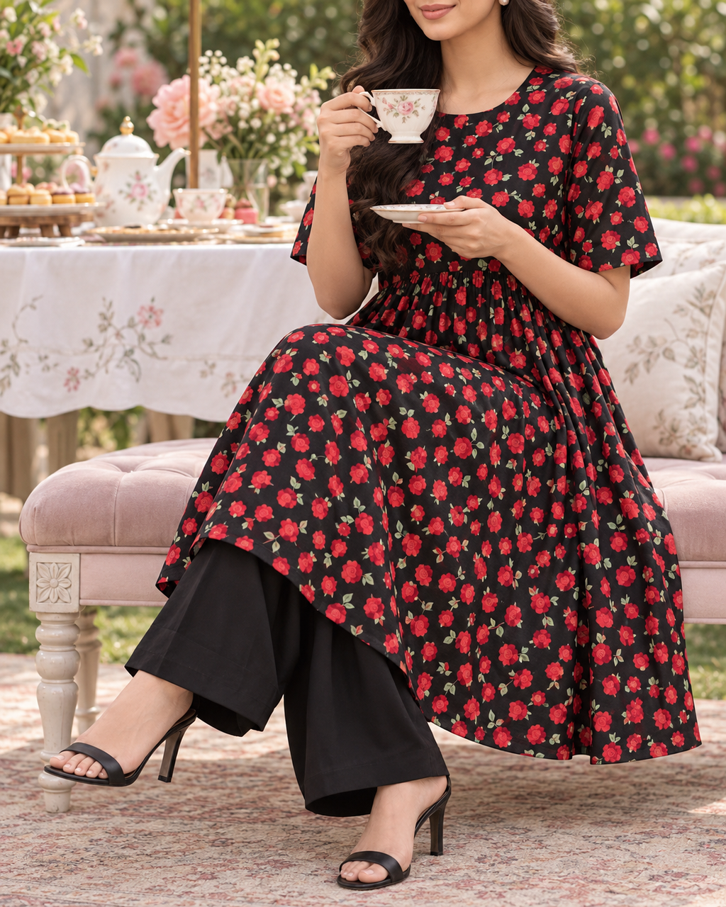 Crimson Bloom – Black & Red Floral Unstitched linen