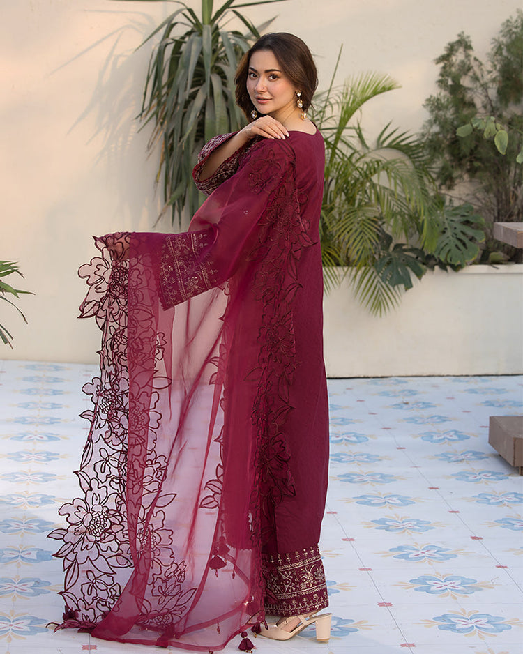 QALAMQAR-3PC LAWN EMBROIDERED SHIRT WITH ORGANZA EMBROIDERED DUPATTA AND EMB TROUSER-SZ-4532