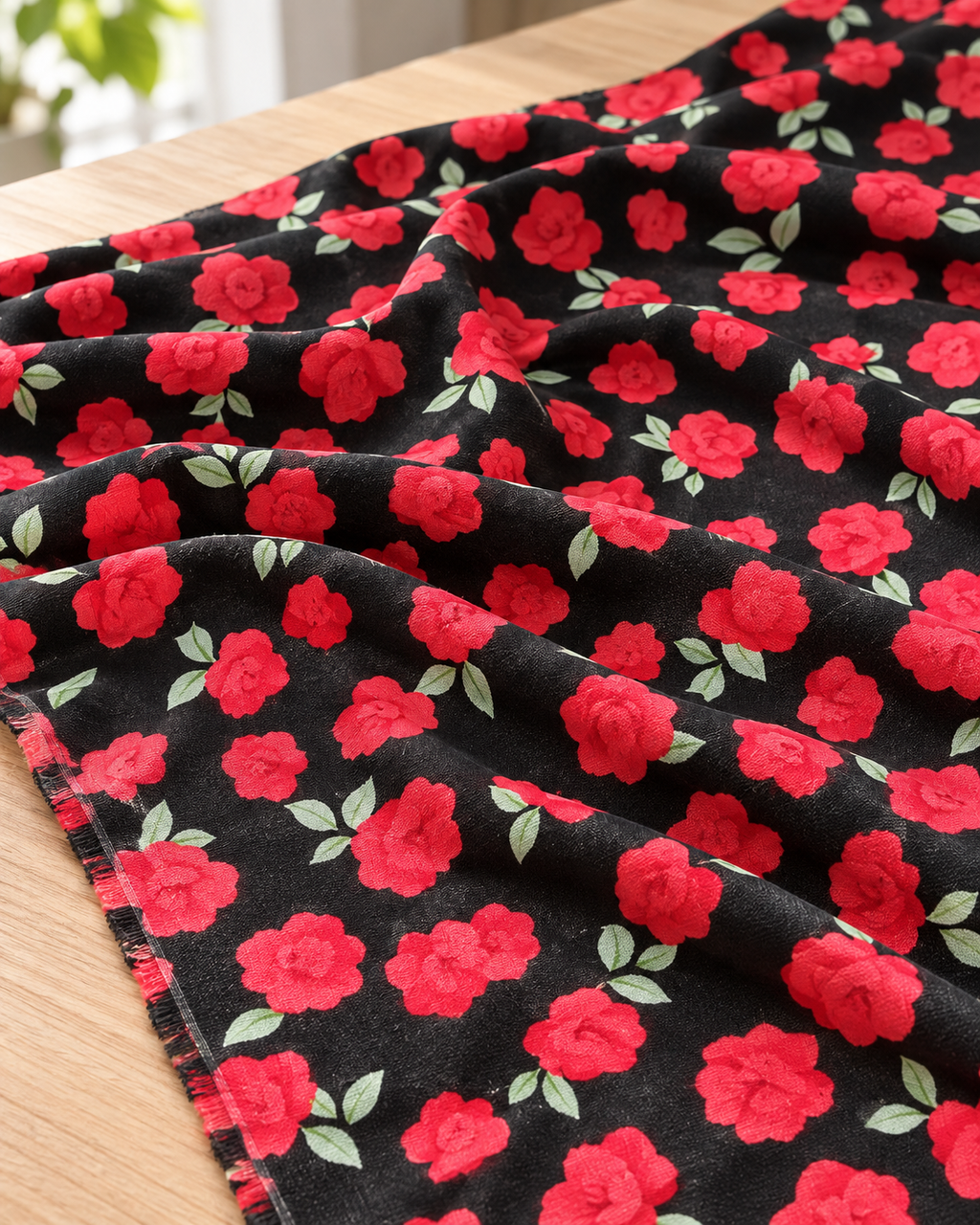 Crimson Bloom – Black & Red Floral Unstitched linen