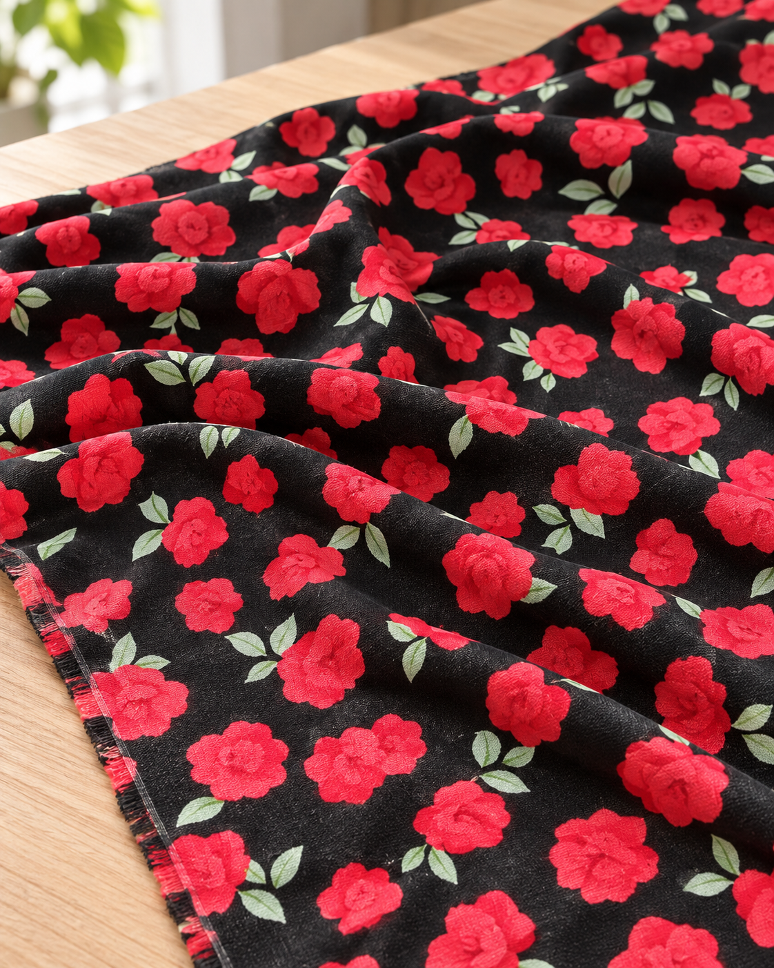 Crimson Bloom – Black & Red Floral Unstitched linen