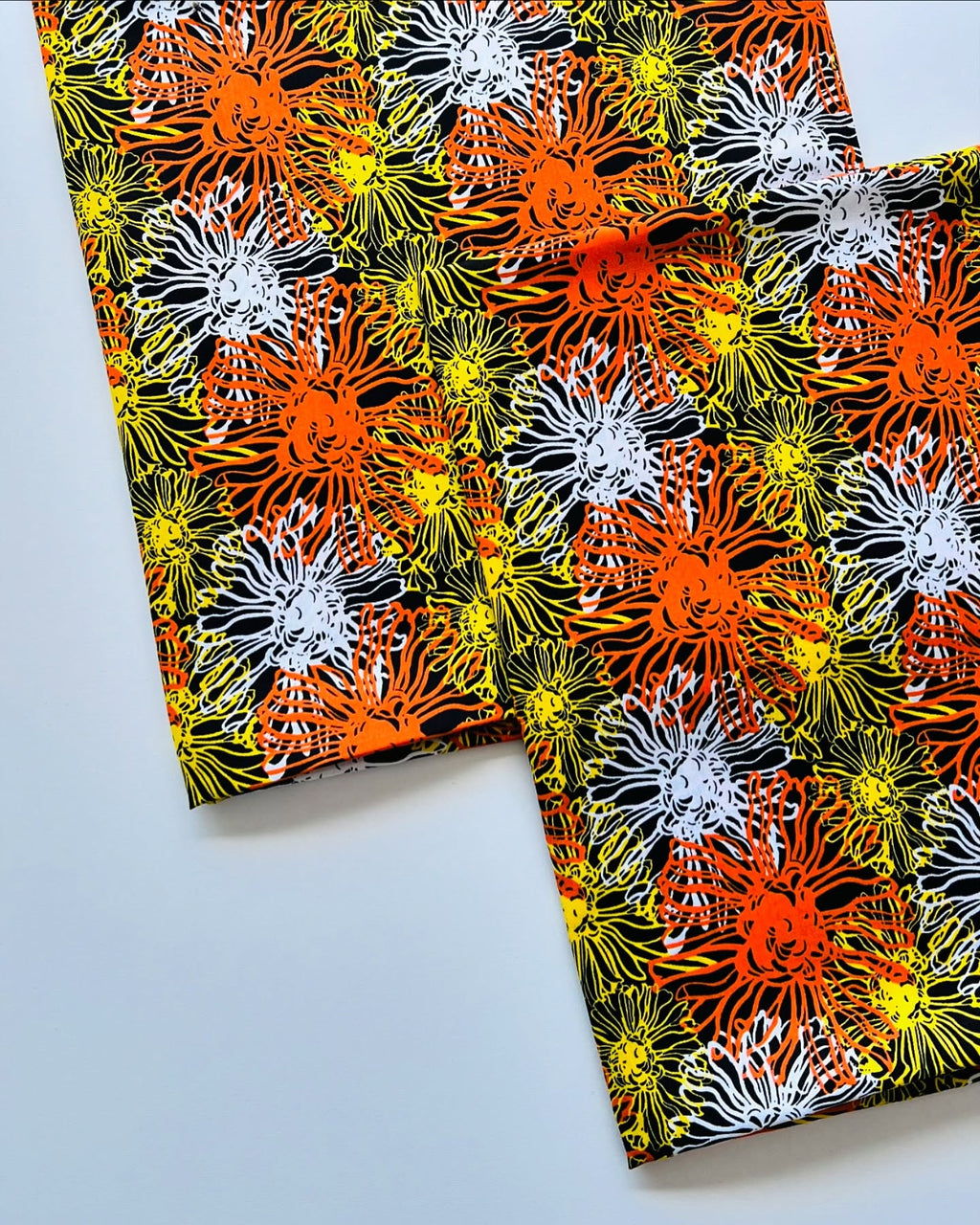 Black, Orange & Yellow Floral Printed Linen Fabric – 3.25 Yards Unstitched