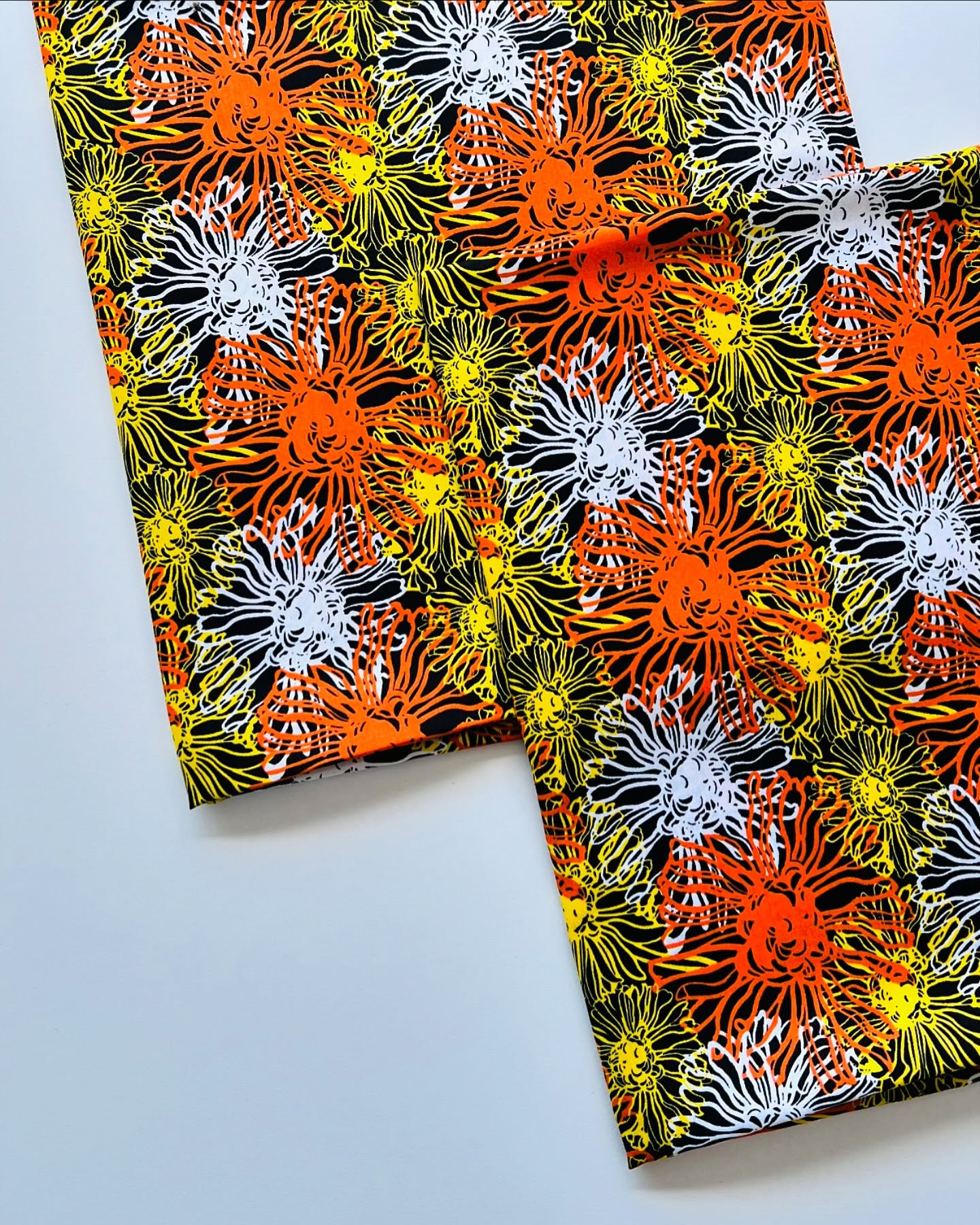 Black, Orange & Yellow Floral Printed Linen Fabric – 3.25 Yards Unstitched