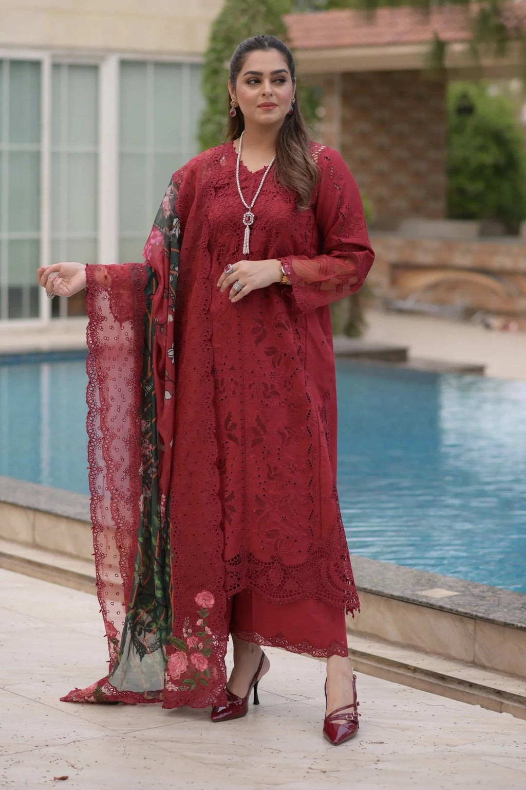 ANEELAS-3PC LAWN CHIKAN EMBROIDERED SHIRT WITH CHIFFON PRINTED EMB DUPATTA AND TROUSER-SZ-4875