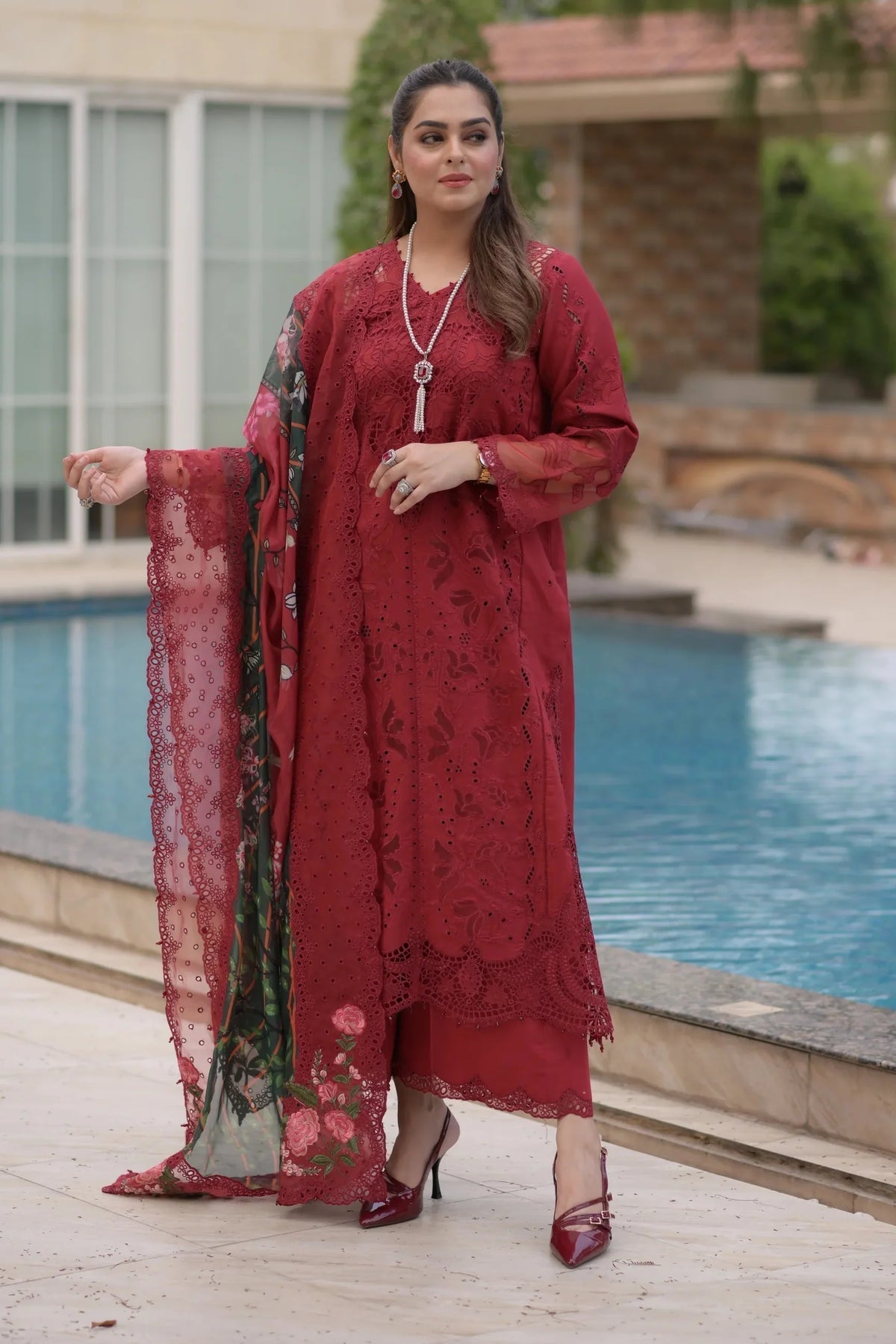 ANEELAS-3PC LAWN CHIKAN EMBROIDERED SHIRT WITH CHIFFON PRINTED EMB DUPATTA AND TROUSER-SZ-4875