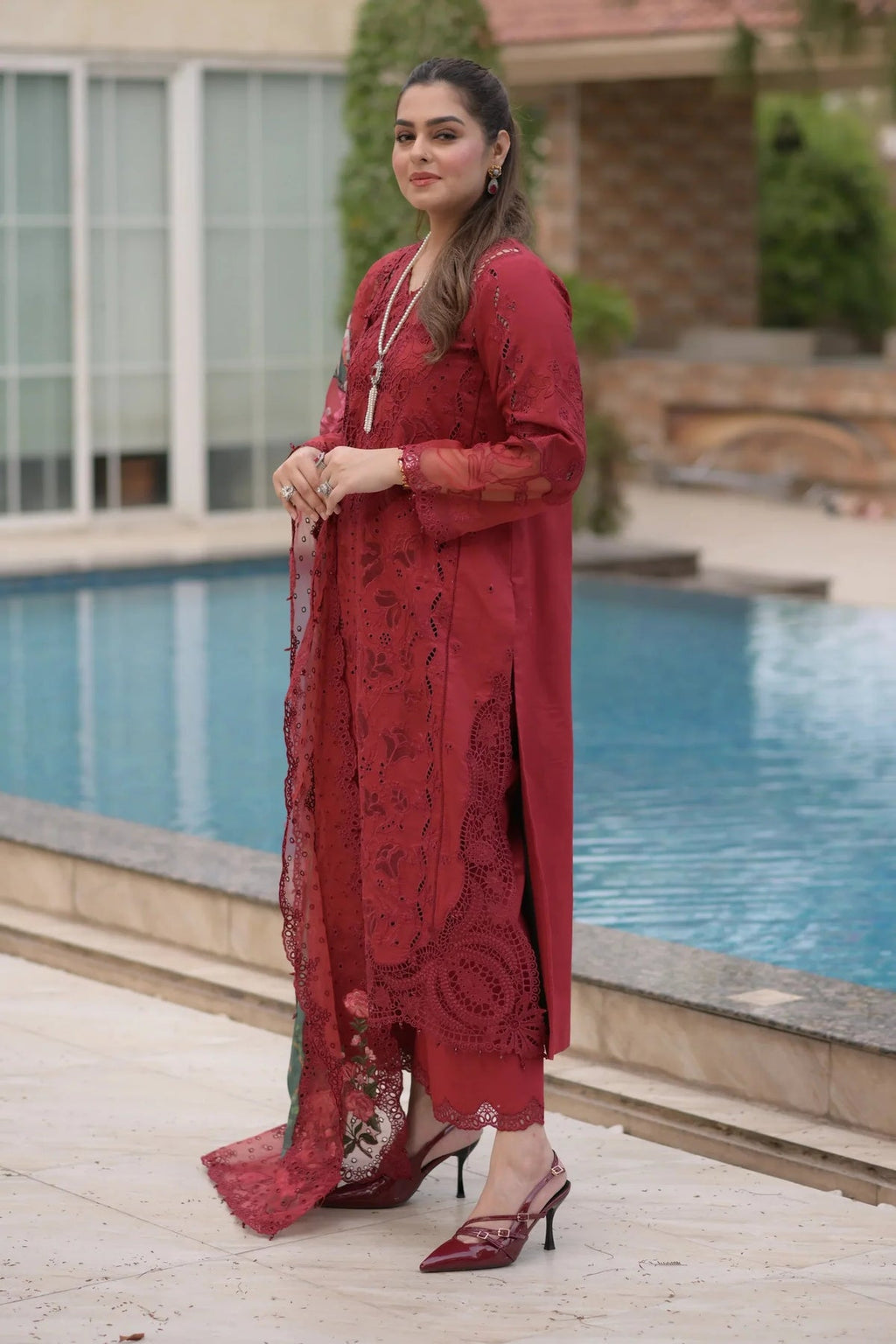 ANEELAS-3PC LAWN CHIKAN EMBROIDERED SHIRT WITH CHIFFON PRINTED EMB DUPATTA AND TROUSER-SZ-4875