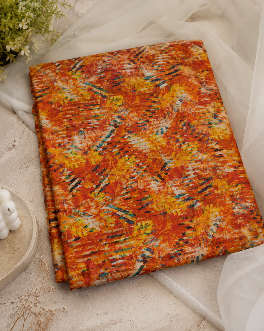 Orange Floral Printed Lawn – 2 Piece Unstitched Suit
