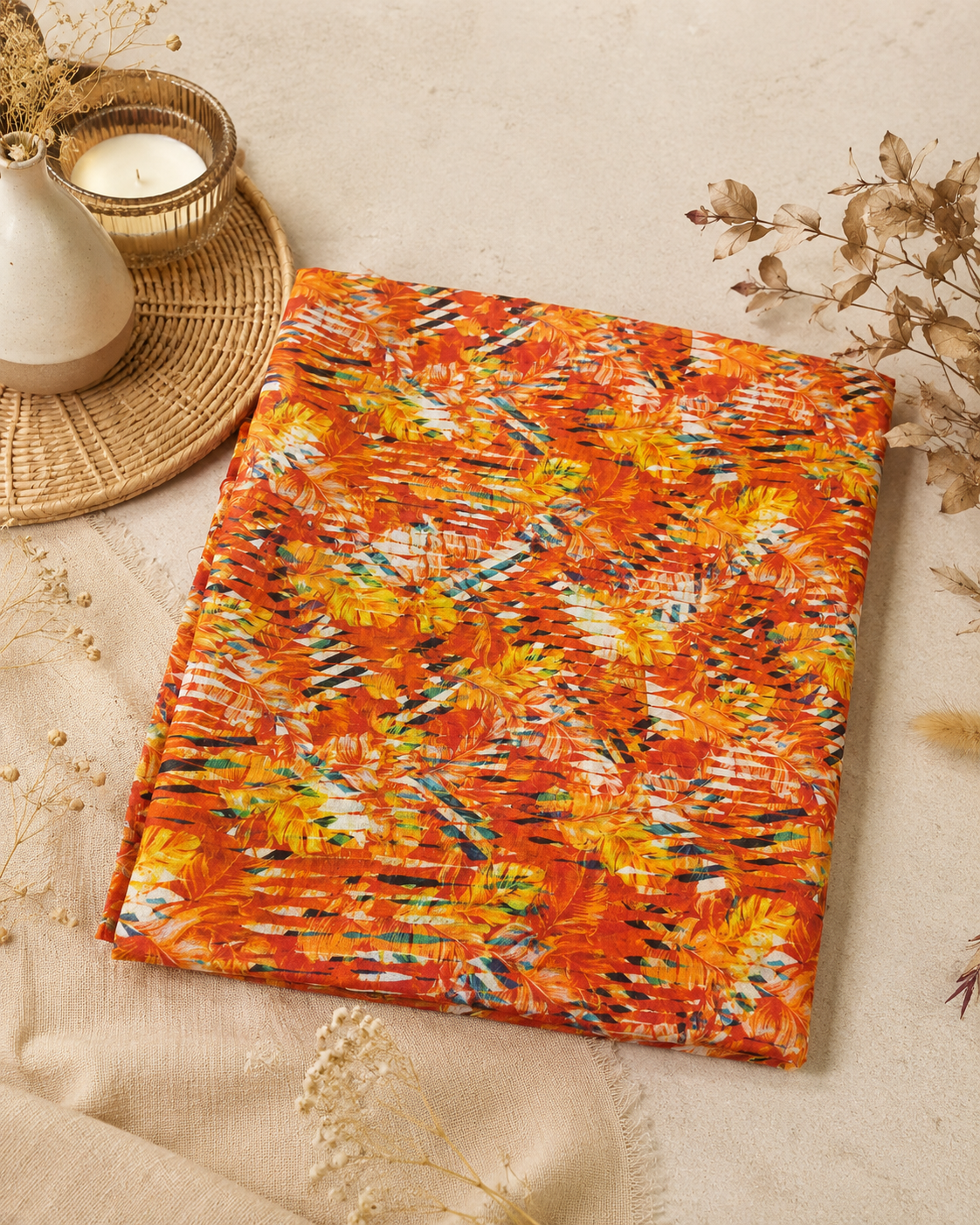 Orange Floral Printed Lawn – 2 Piece Unstitched Suit