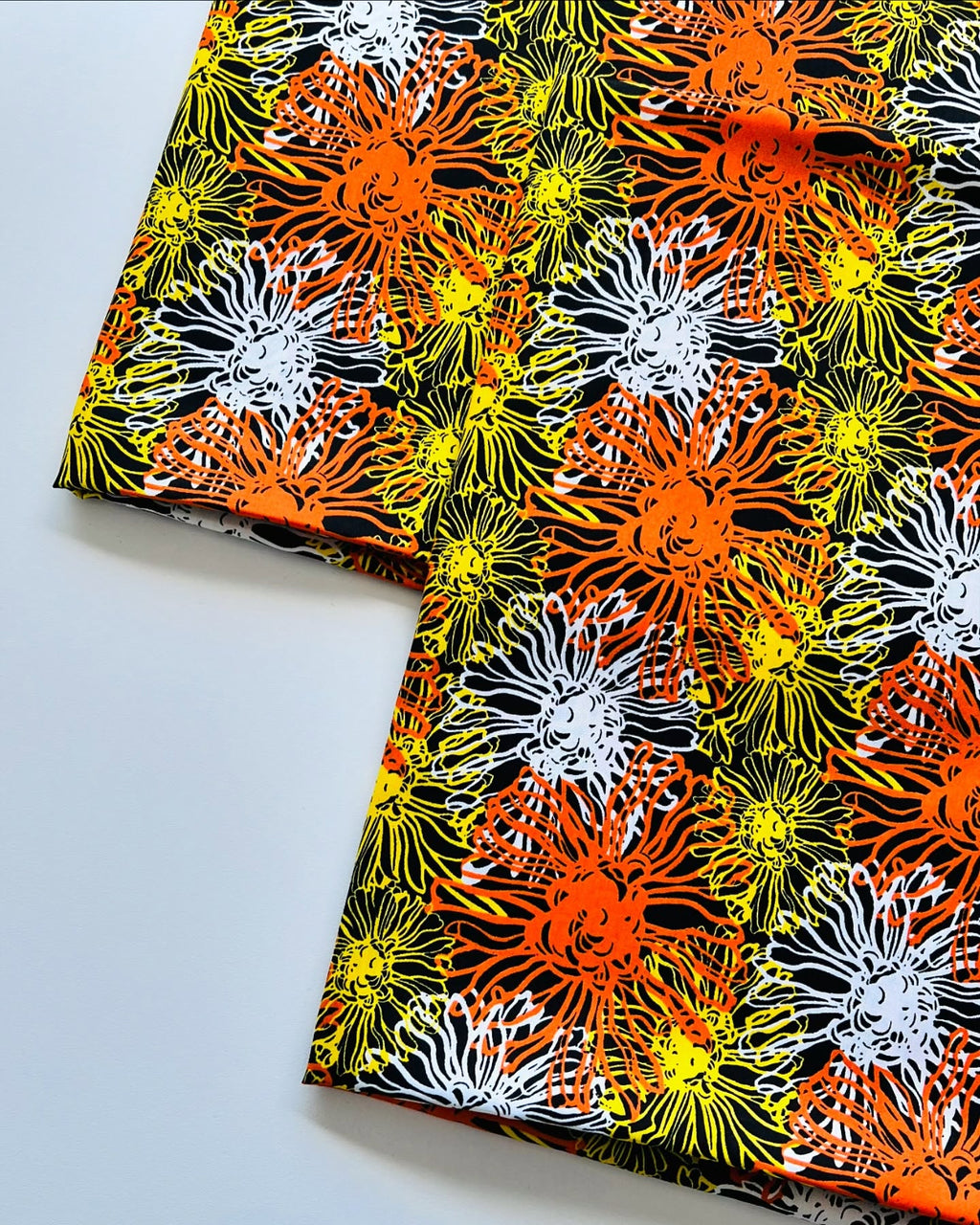 Black, Orange & Yellow Floral Printed Linen Fabric – 3.25 Yards Unstitched